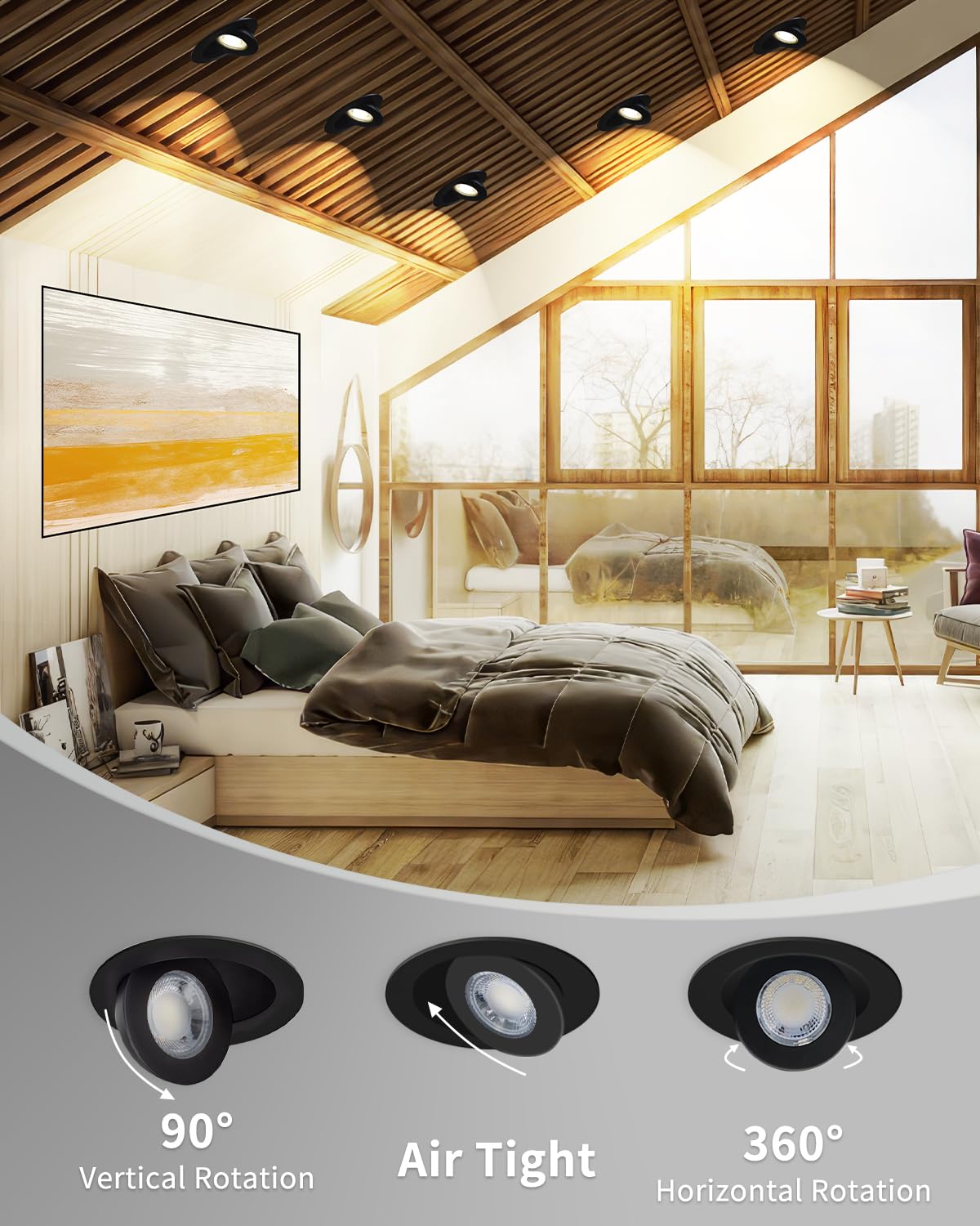 Adetu 4 Inch 5Cct Gimbal Black Led Recessed Lights, 360+90 Adjustable Directional Recessed Lighting, 2700K/3000K/3500K/4000K/500