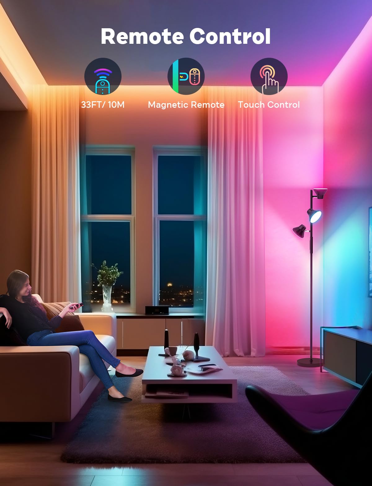 SIBRILLE RGBCW Floor Lamp - 36W Color Changing, Dimmable LED, Remote & Touch Control, Black, Model FLH-036-R2