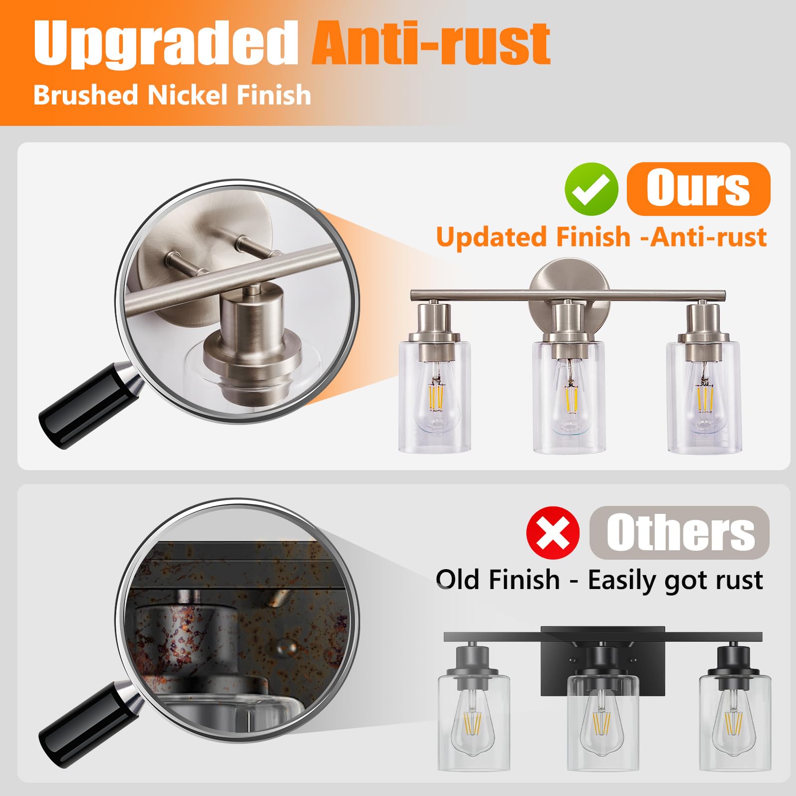 DINGLILIGHTING 3-Light Bathroom Light Fixtures - Brushed Nickel Metal - Clear Glass Shade - 2 Packs