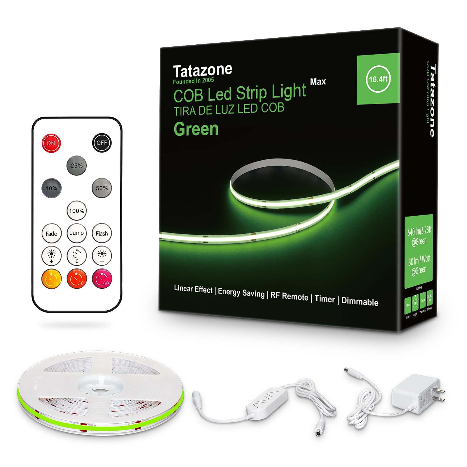 Tatazone 16.4ft Green COB Led Strip Lights with RF Remote, Dotless, Indoor, Dimmable, Adhesive Led COB Light Strip for Cabinet, 