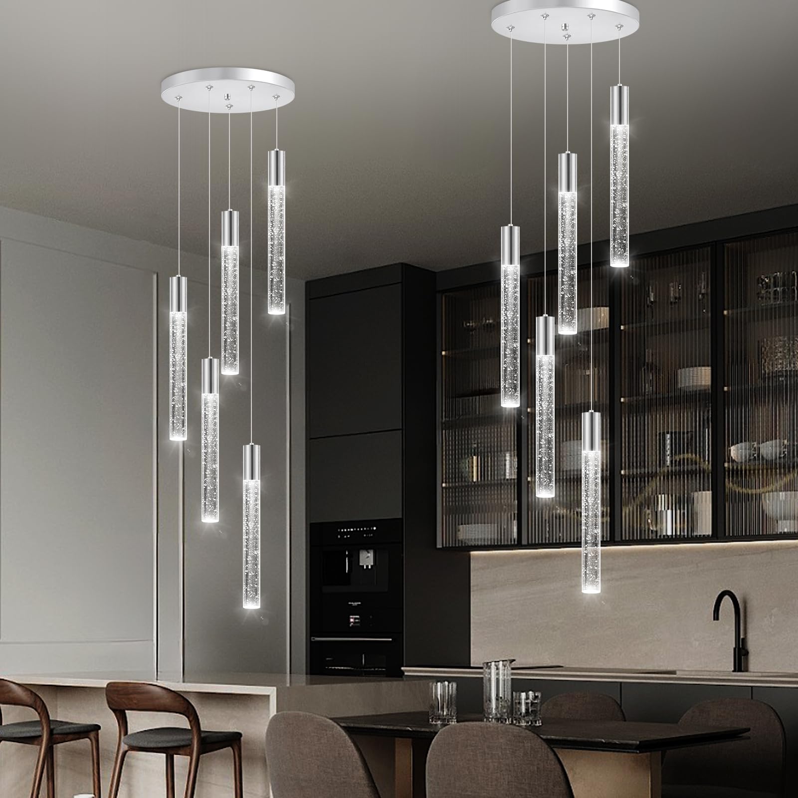 HAIXIANG 5-Lights Modern Crystal Chandelier, Dimmable Pendant Light, Stainless Steel, Silver, Model MMQ3810 for Kitchen & Dining Room