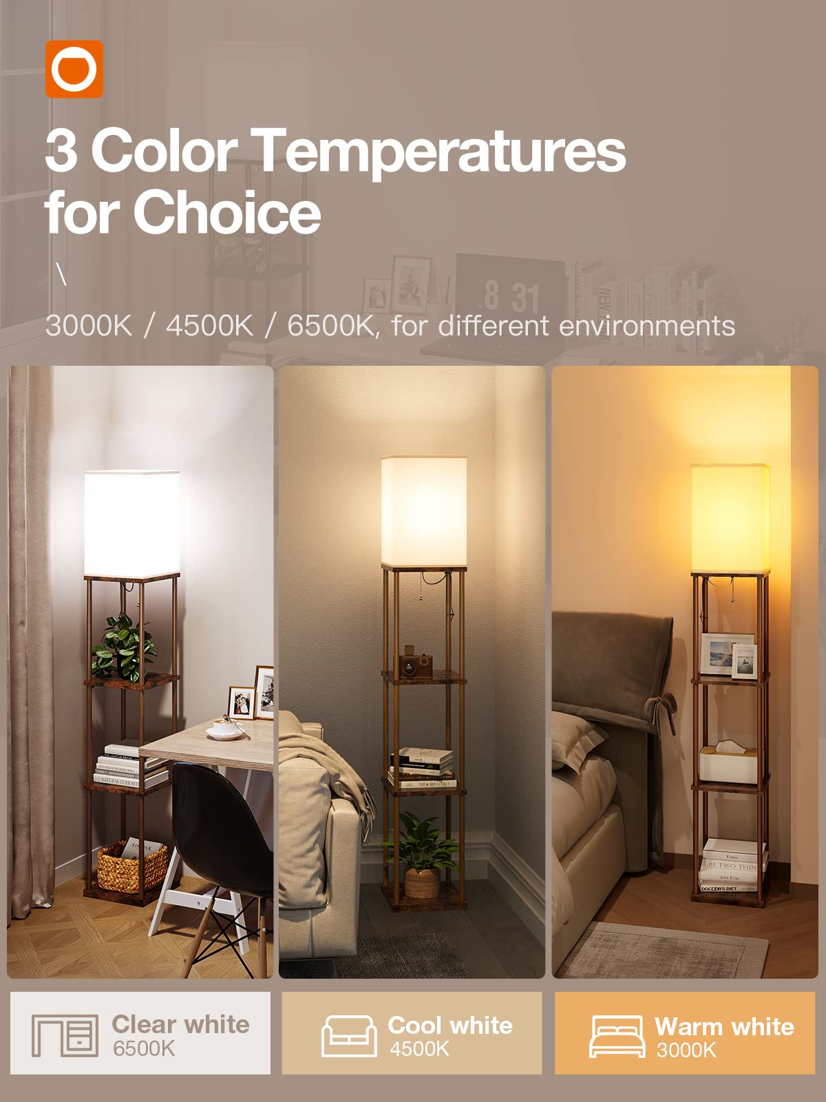 addlon LED Modern Shelf Floor Lamp with White Shade, 64Inch, Vintage, 4 Tier, Wood, Model 052
