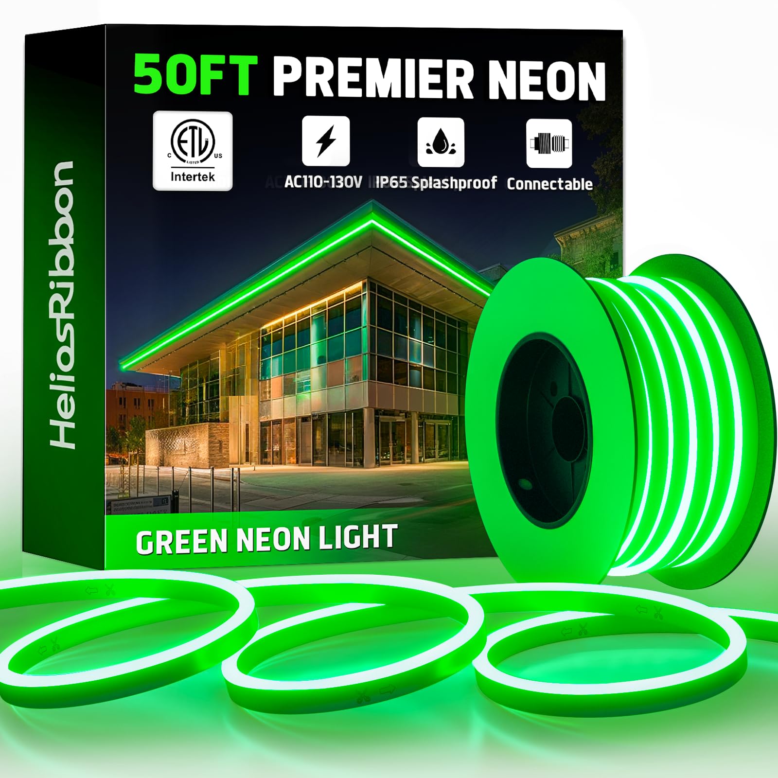 50FT Green LED Neon Rope Lights  ETL Listed 110-120V Flexible Neon Band Outdoor IP65 Waterproof  Connectable and Cuttable  for Bar Pub Game Room Home Commercial Festival Ambient Lighting Decor