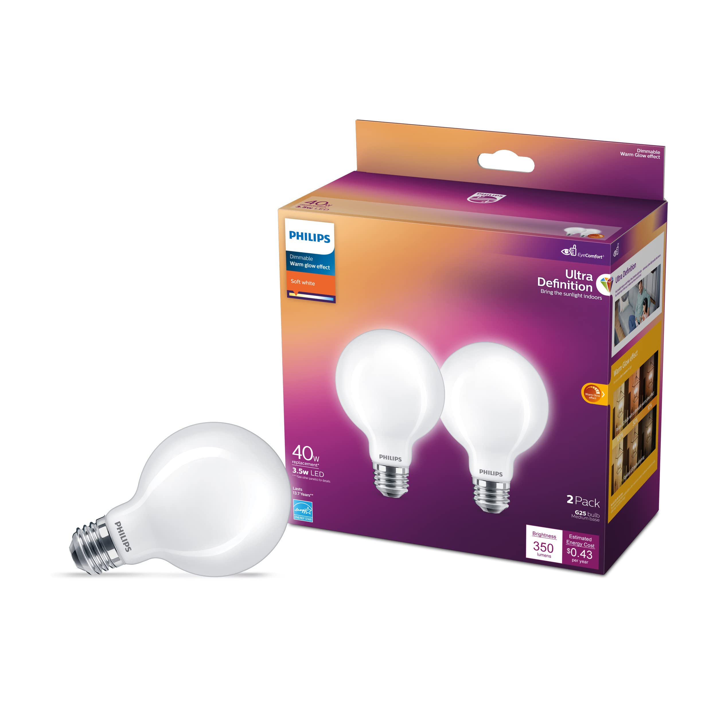 Philips LED G25 Globe Light Bulbs - 40W Dimmable - 350 Lumen - 8 Pack - Soft White - E26 Base - Model 573352