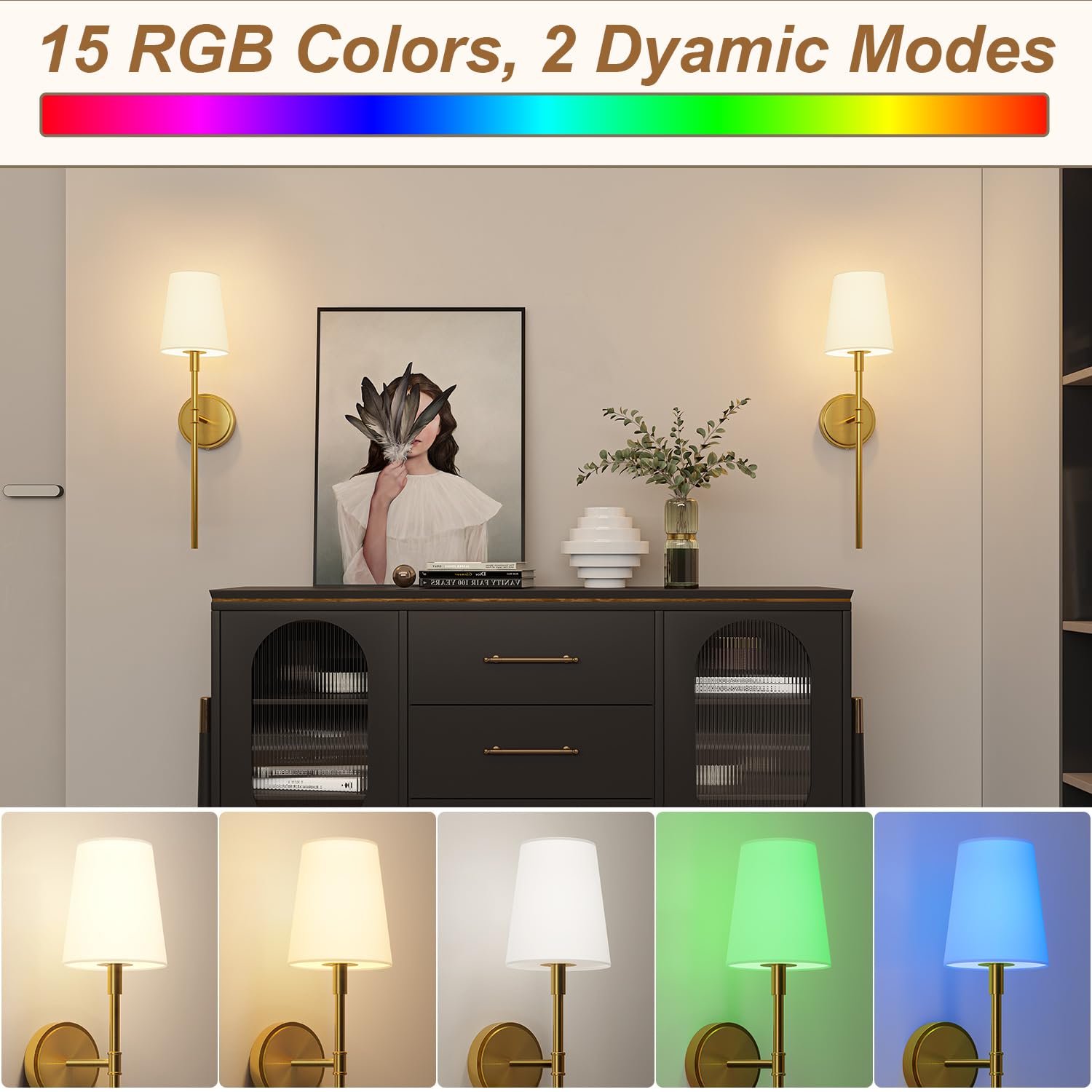 Battery Operated Wall Sconces Set Of 2, Gold Wireless Wall Lights With Remote Control Warm/Natural/Daylight/Rgb 15 Colors Dimmab