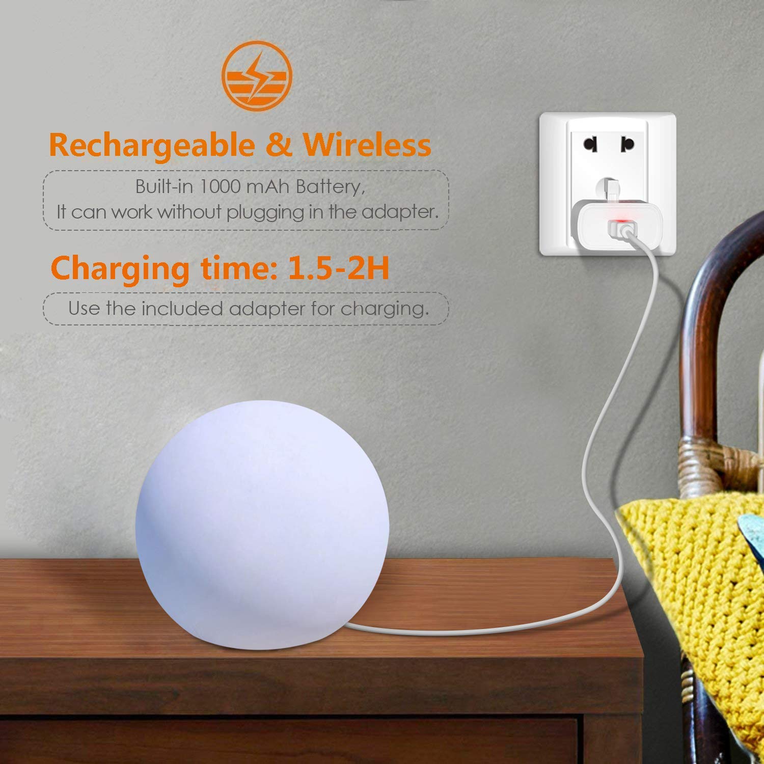 COPU LED Night Light Globe Lamp, 8 Inch, 16 RGB Colors, Dimmable, Rechargeable, IP65 Waterproof, Outdoor/Indoor Decor