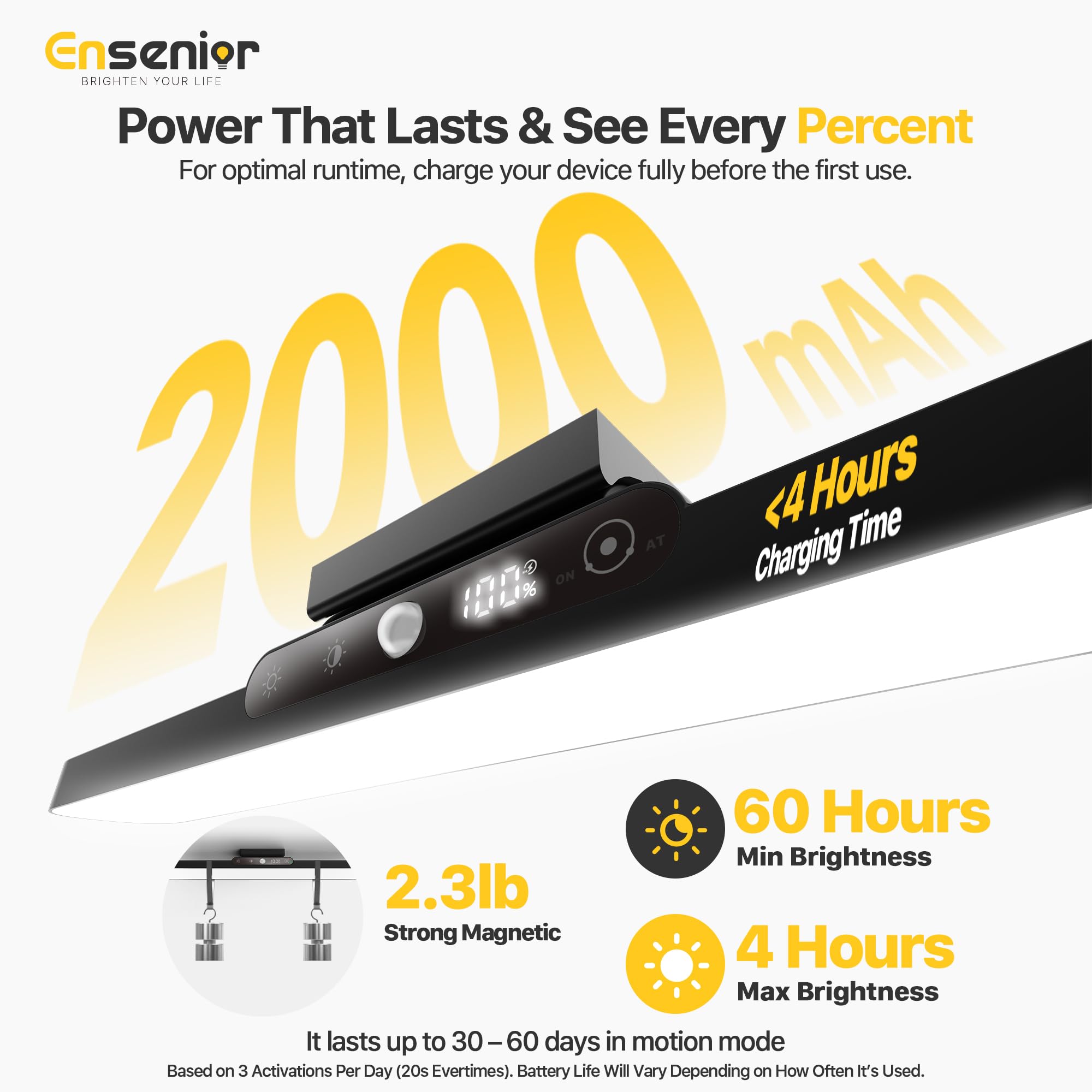 Ensenior 14" Motion Sensor Light Bar - Stepless Dimming, Remote, Rechargeable 2000mAh, Indoor Use for Kitchen, Cabinet, Closet
