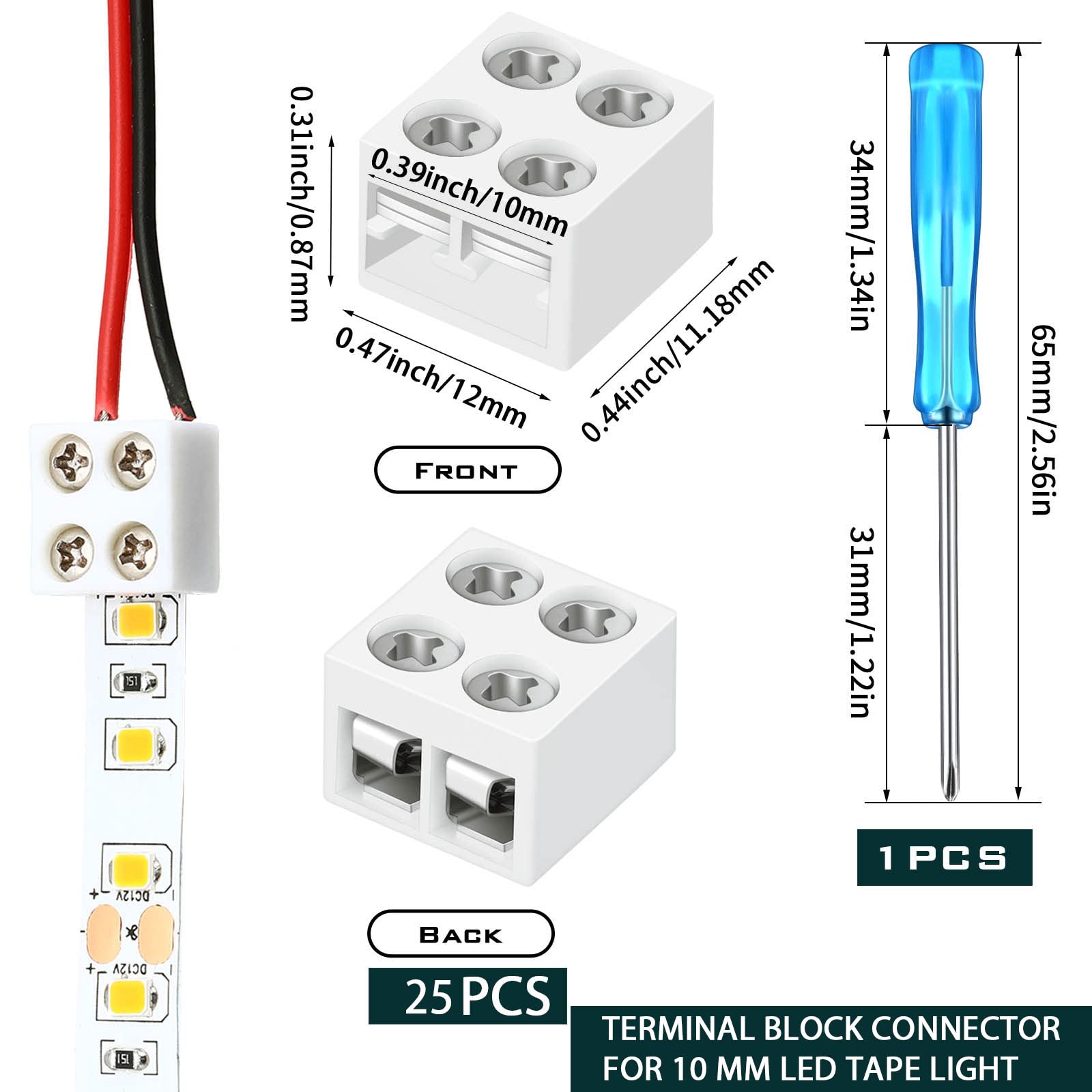 25 Pack Solderless White Led Tape Light Connectors Tighten Screw Terminal Blocks 2 Pin 10Mm Connector With Screwdriver Wire To S