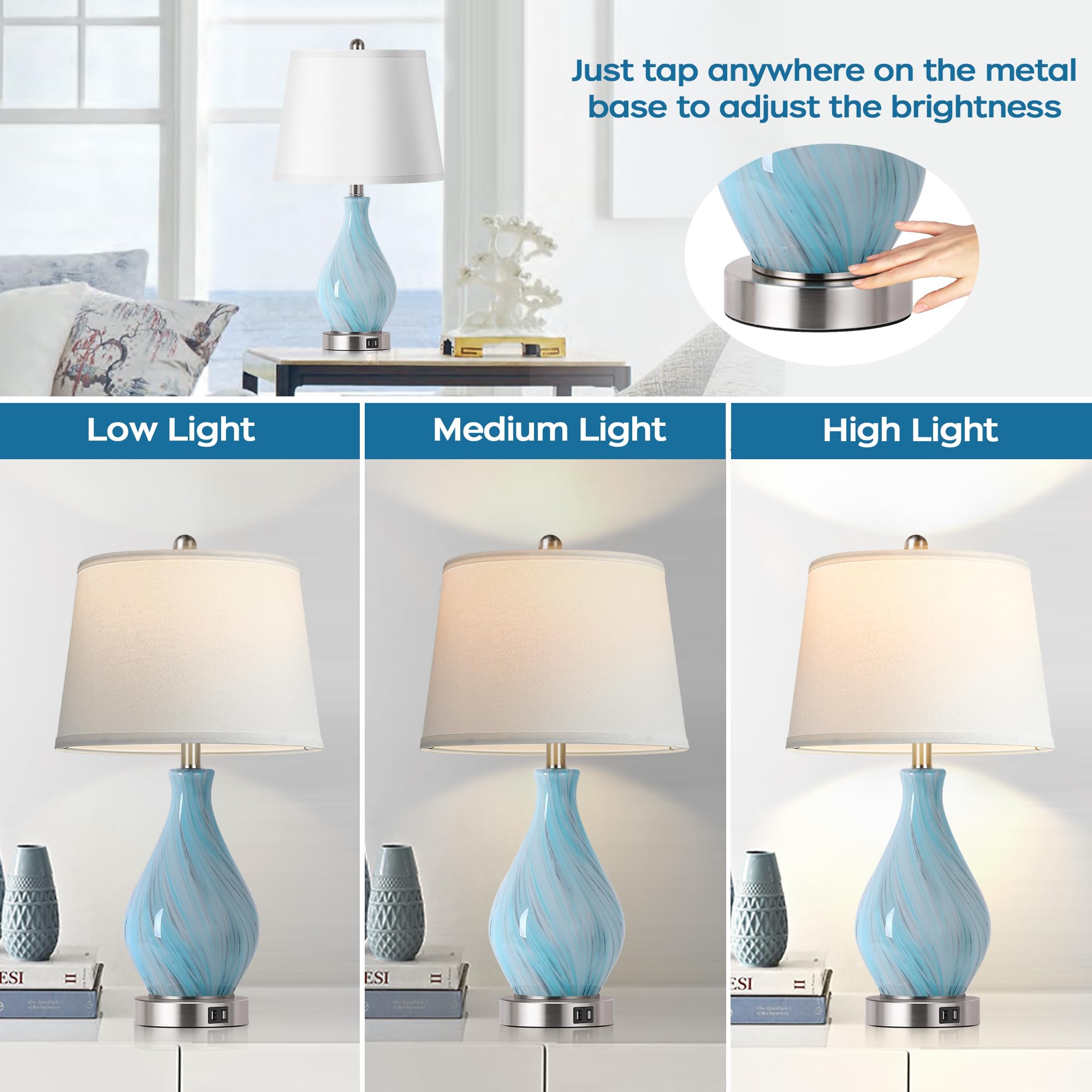 PARTPHONER Modern Accent Table Lamp Set of 2, 22in Touch Control, Faded Swirl Blue Gray Glass, Dimmable with USB Ports