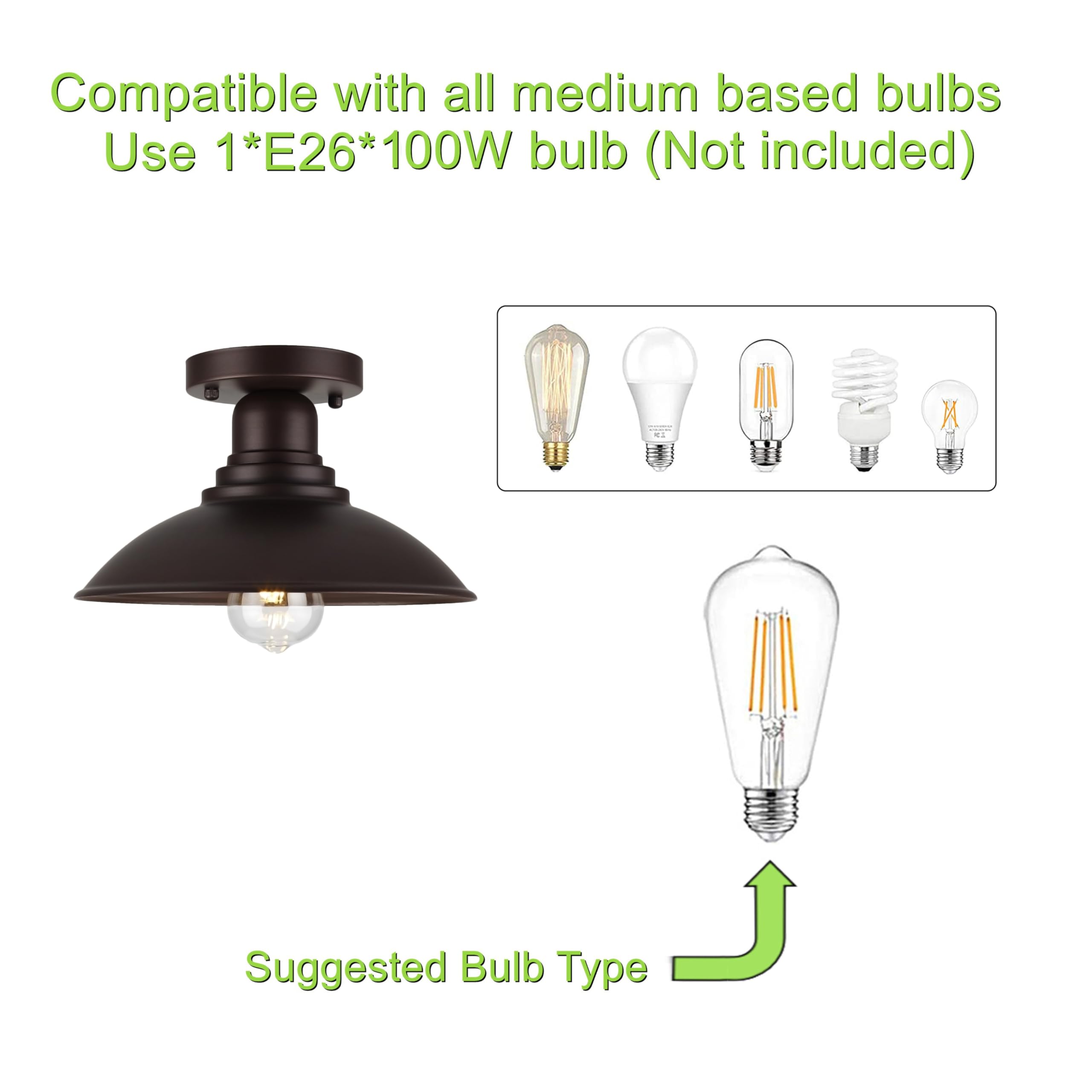 Goldhill Oil Rubbed Bronze Outdoor Semi Flush Mount Ceiling Light Fixture, Metal Farmhouse Kitchen Light With E26 Based Socket,