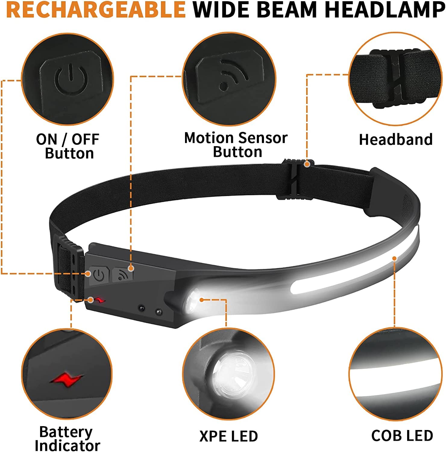 Jimejv Rechargeable Headlamp 2 Pack - 230° Wide Beam, 5 Modes, Motion Sensor, Waterproof