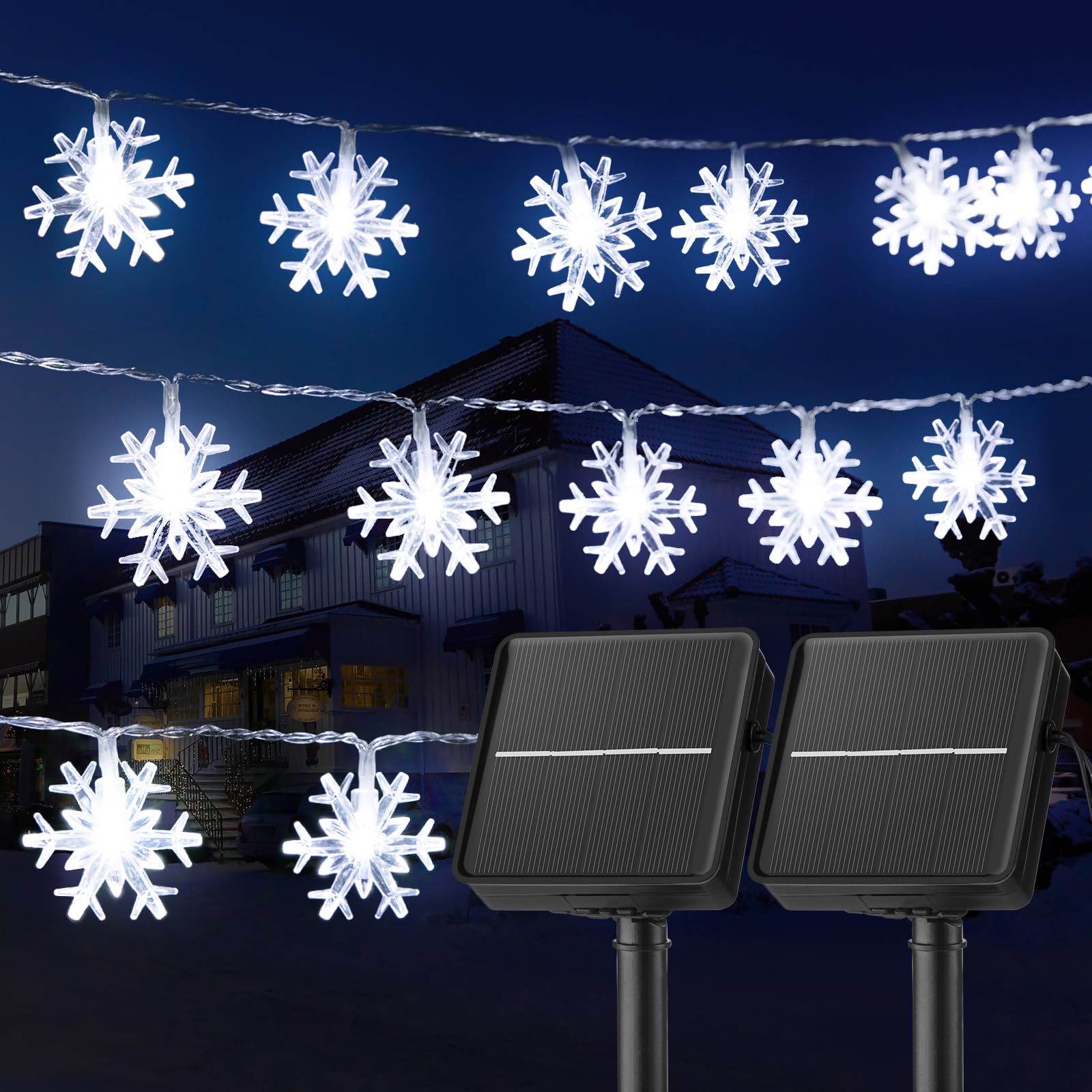 Brightown Solar Christmas Snowflake String Lights 2-Pack 100 LED 66FT Outdoor Waterproof Fairy Lights with 8 Lighting Modes for 