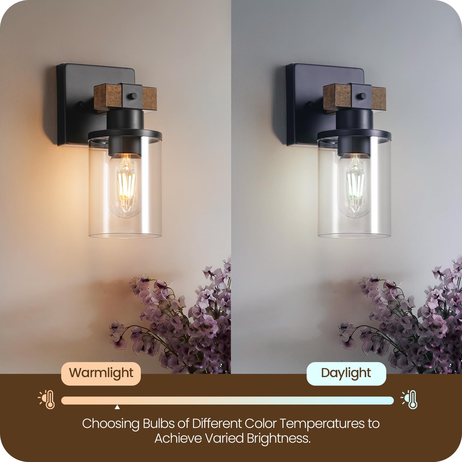 GOEBLESON Wall Sconces Set of Two, Rustic Brown + Black, Metal Bathroom Light Fixture, Model 14BD-1, Clear Glass Shade