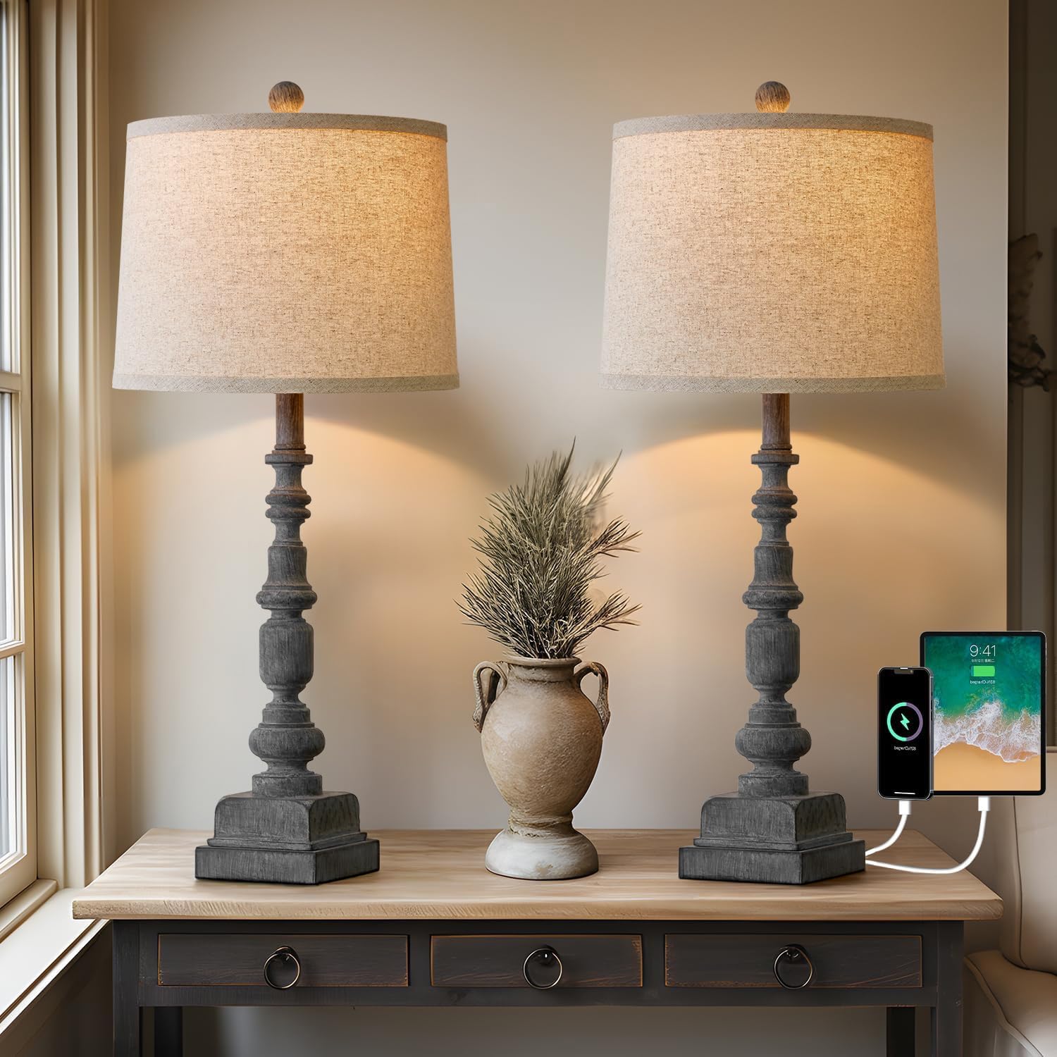 Oneach Vintage Farmhouse Table Lamps Set of 2, USB A+C Ports, Antique Grey, Mid Century Style, Model AMZ-T336USB-ANG