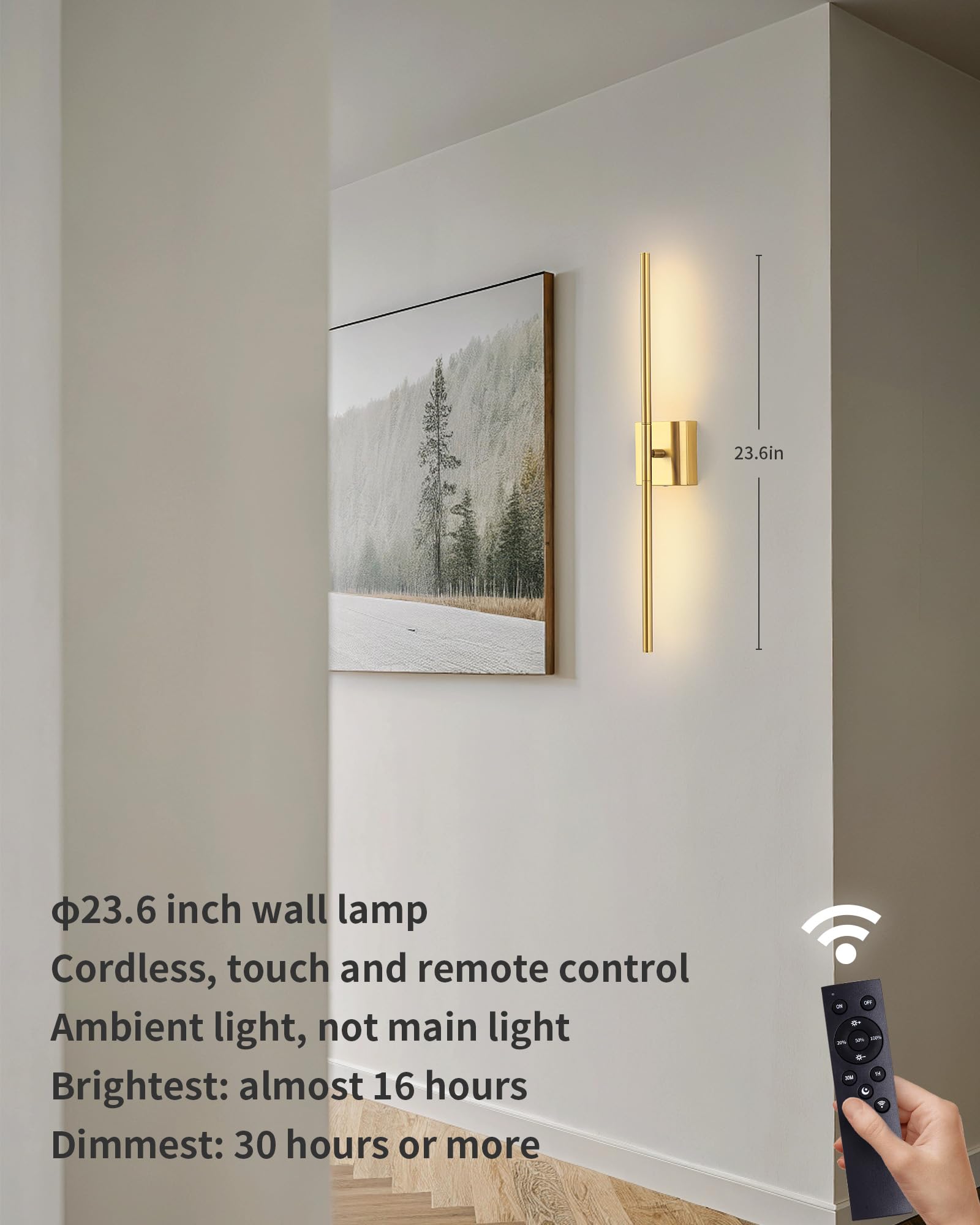 KDG Cordless Wall Sconces - Remote Control, 7000mAh Battery, 23.6" Metal LED Lights, Gold Finish for Bedroom & Hallway