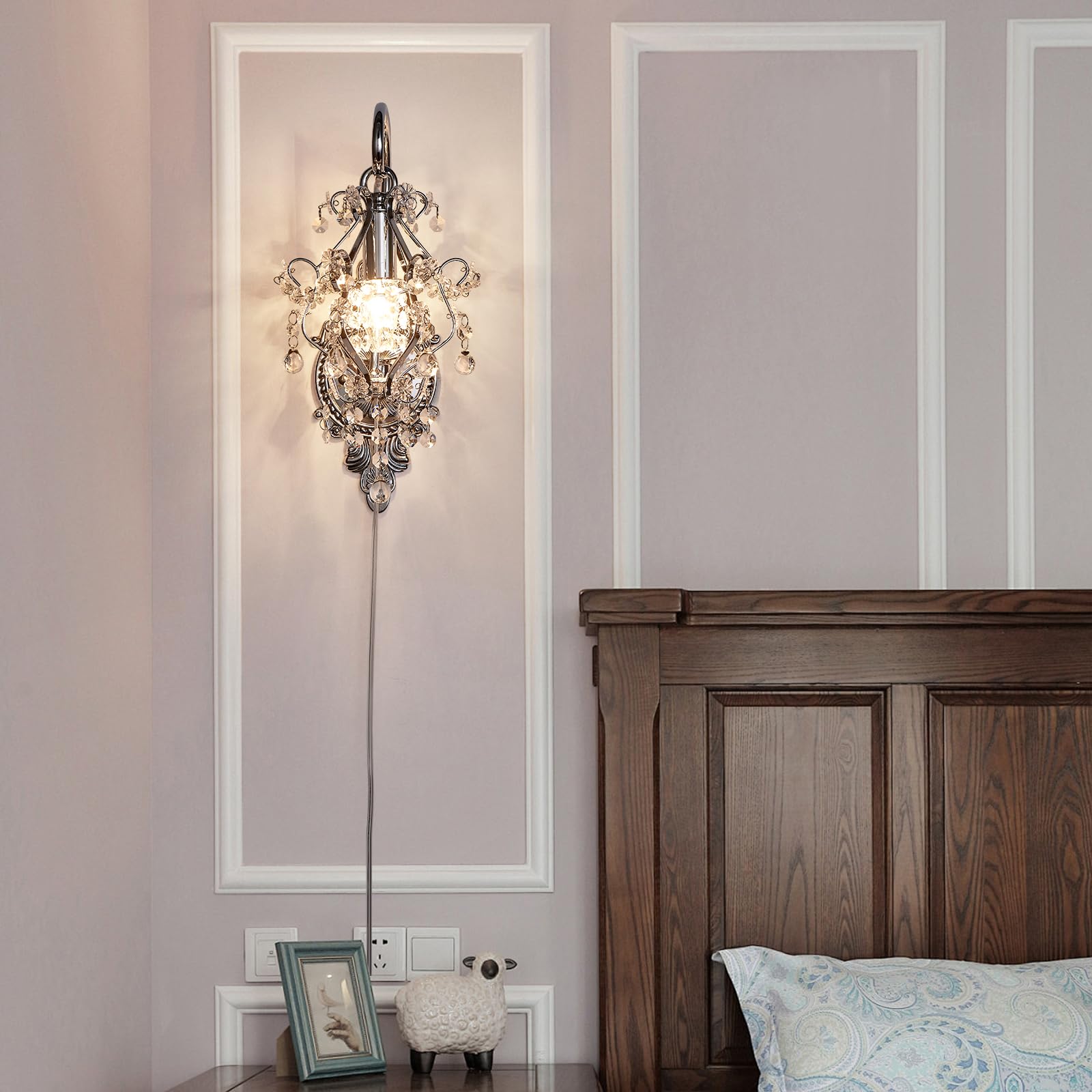 Fetason 2 Pack Vintage Crystal Wall Sconces, Silver Plug-in Indoor Lighting, E12 LED Compatible, Model FT603