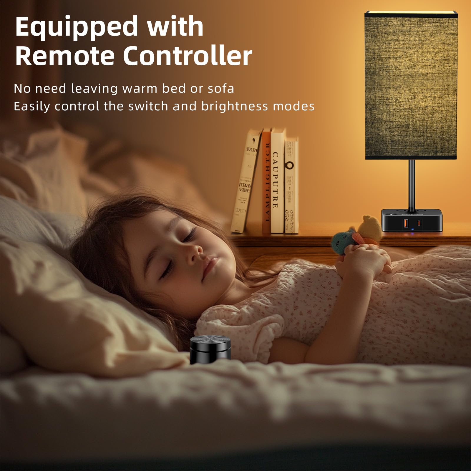 Cozoo Table Lamp with Remote Control, Dimmable, USB Charging, 2 AC Outlets, Standard Size, Black Shade, Model MC018S