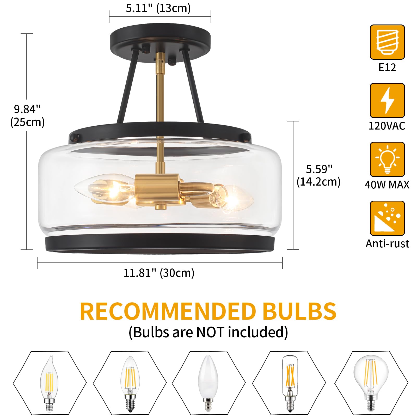 11.81 Black And Brushed Gold Close To Ceiling Light  3-Light Modern Drum Light Fixtures  Hallway Ceiling Lights  Glass Ceiling Lamp For Entryway Bedroom Laundry Kitchen Dining Room Lighting Ul-Listed