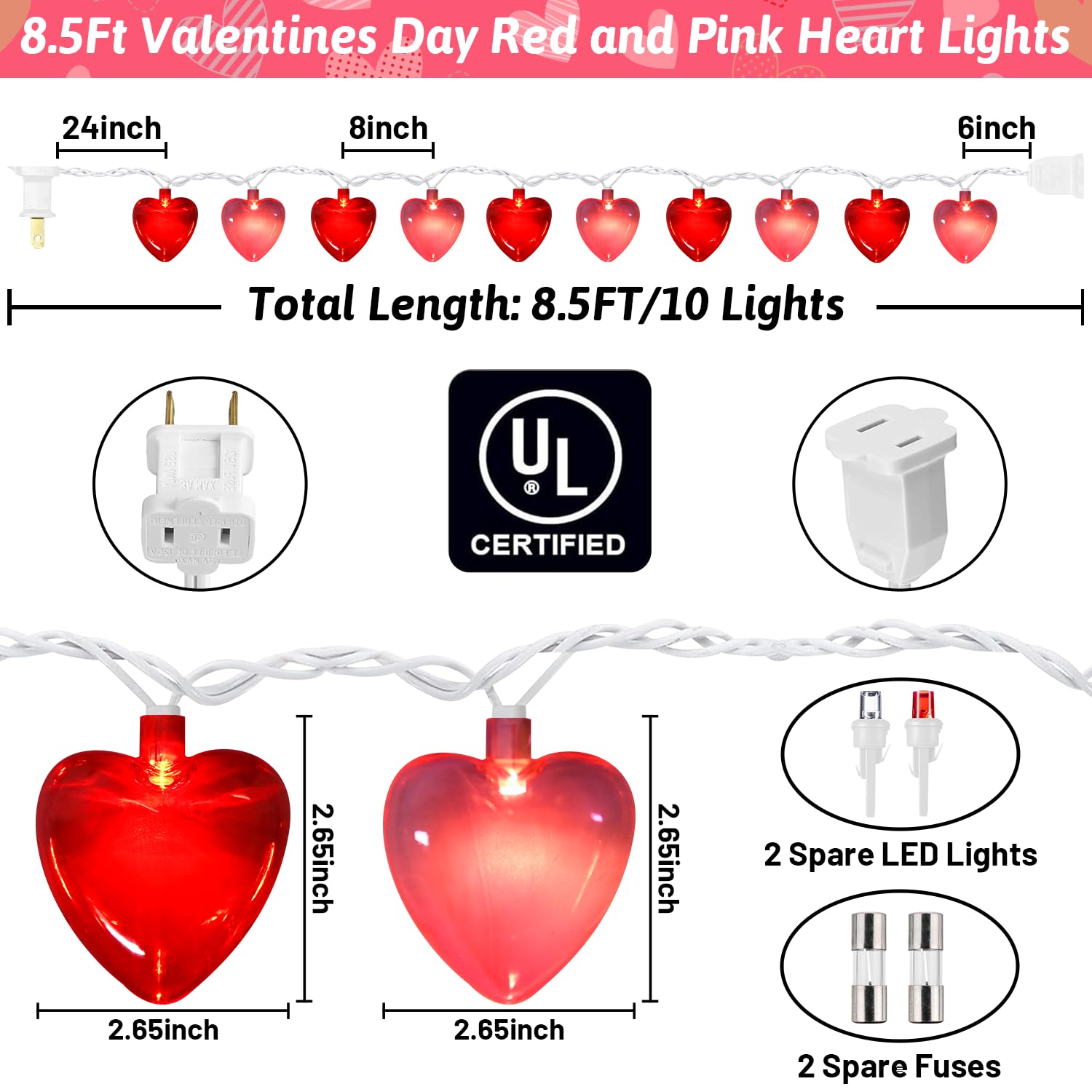 8.5Ft Valentines Decorations Lights, Red & Pink Heart String Lights With 10 Led Clear Red And Pink Heart Lights, Connectable Rom