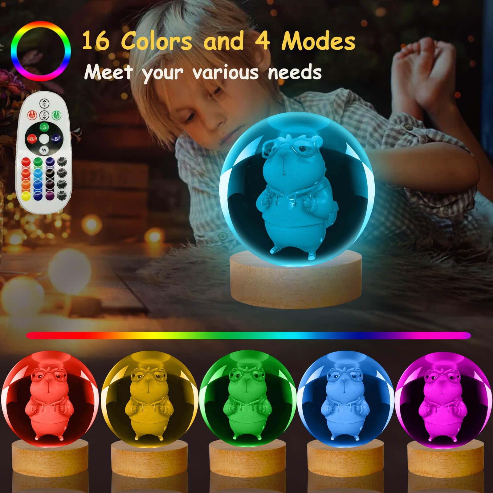 Linsina Dragon Lamp  3.15In 16 Colors Crystal Ball Night Light With Wooden Base And Remote Control  Birthday Gift And Dragon Gifts For Women Men Kids (Capybara)