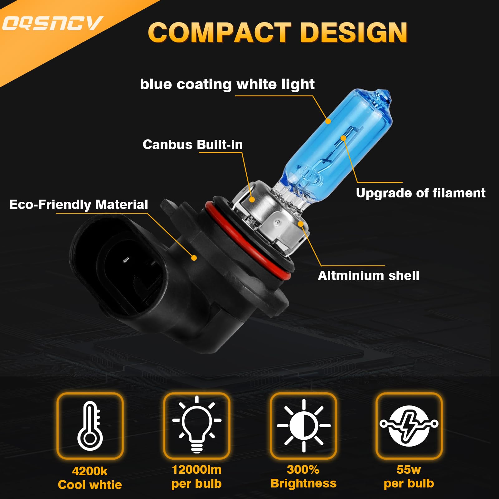 OQSNCV Halogen Headlight Bulbs 9012 High/Low Beam Kit 4200K for Fiat 500 500L 500X (2012-2020), Pack of