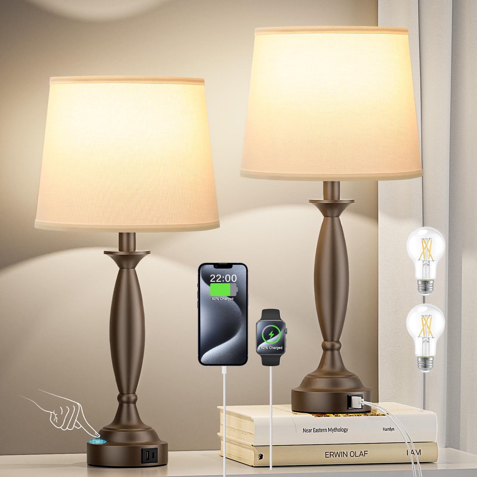 White Brown Lamps for Bedrooms Set of 2 - Touch Control Bedside Lamp with USB C+A, 3 Way Dimmable Nightstand Lamps with USB Port
