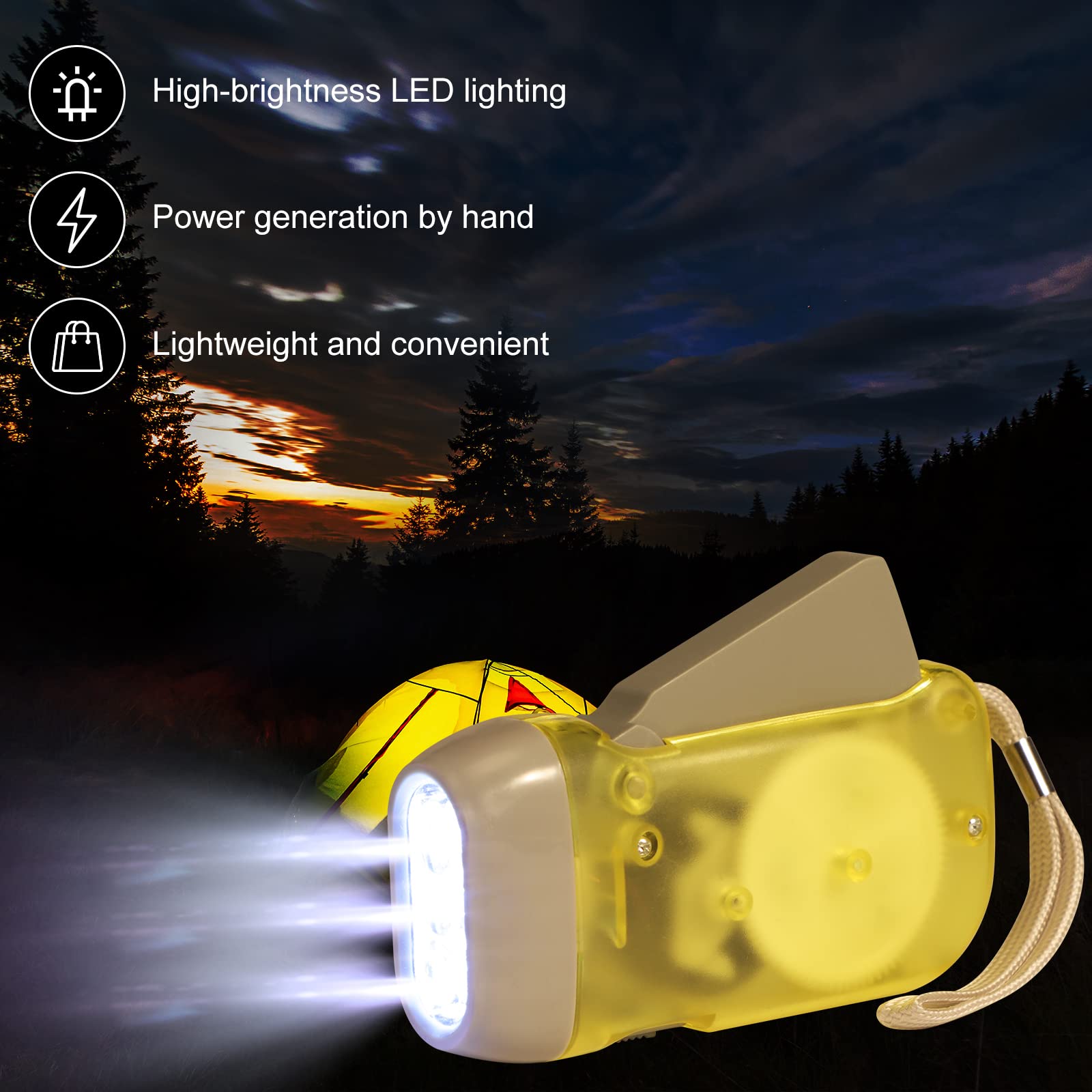 Mudder Hand Crank Flashlight, LED, Dynamo, Model C-82, No Battery, Colors: Yellow, Red, Grey, Blue