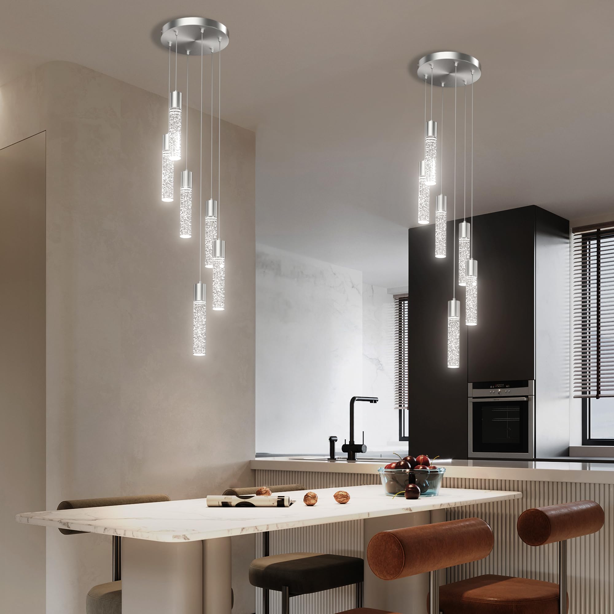 Esfos Pendant Lights Kitchen Island 6-Light, 6500K Modern Kitchen Island Lights Ceiling Lighting Fixtures With Crystal Bubble, I