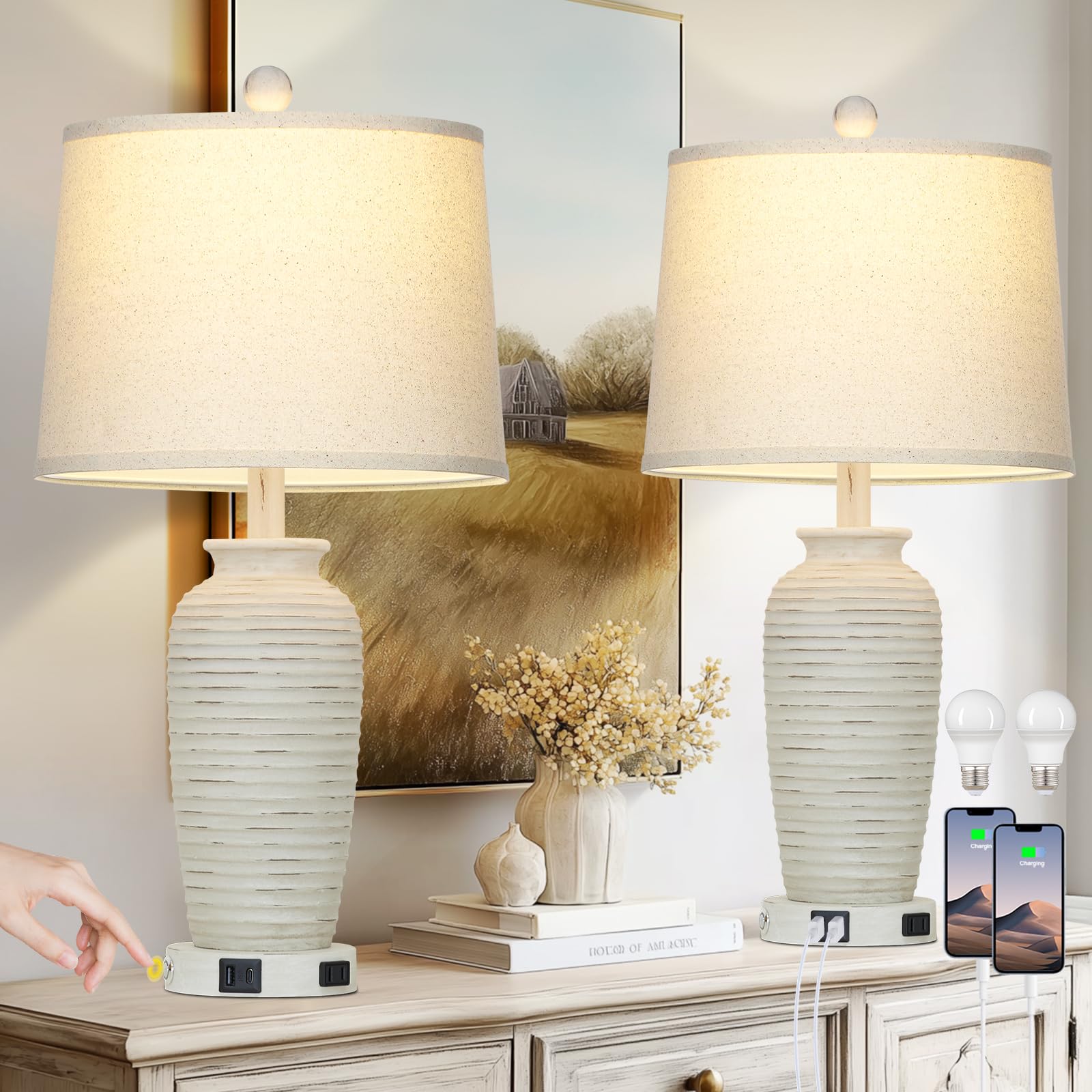 CINSARY 25in Retro White Farmhouse Table Lamps Set of 2, 3 Way Touch Control, USB Ports, AC Outlet, Model TD-CS-396