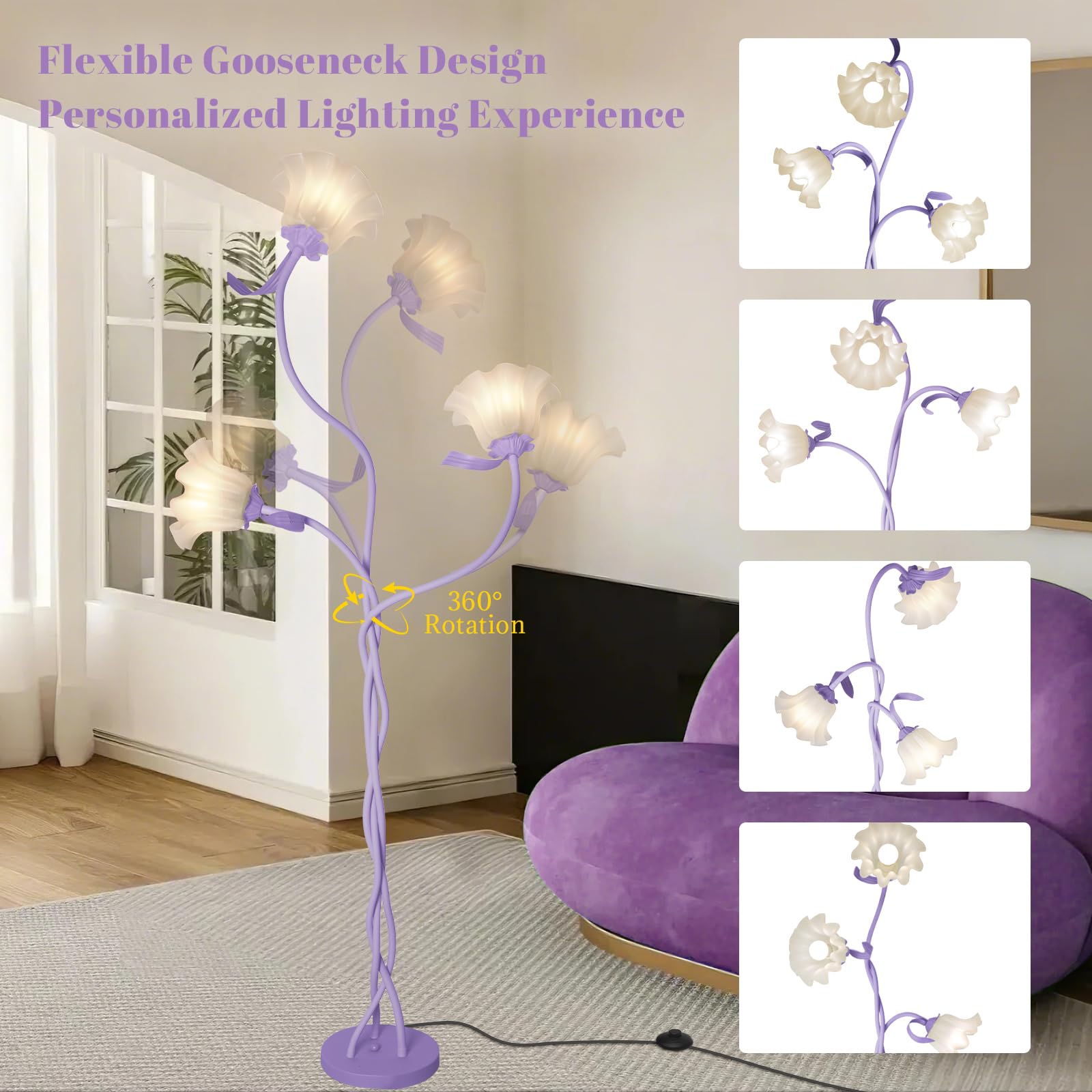 Larnix Flower Standing Lamp, 3 Light Floor Reading Lamp, Large Iron, Purple, Model HLD-003-3
