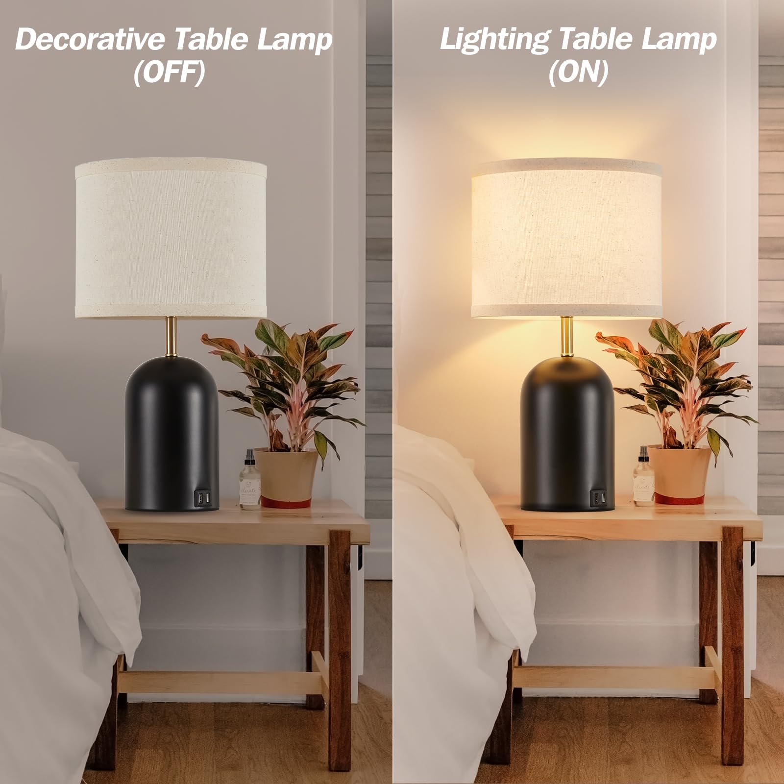 GyroVu Touch Control Table Lamps Set of 2, 18" Gold & Black, 3-Way Dimmable with USB Ports, Fabric Shade, LED Bulbs Included