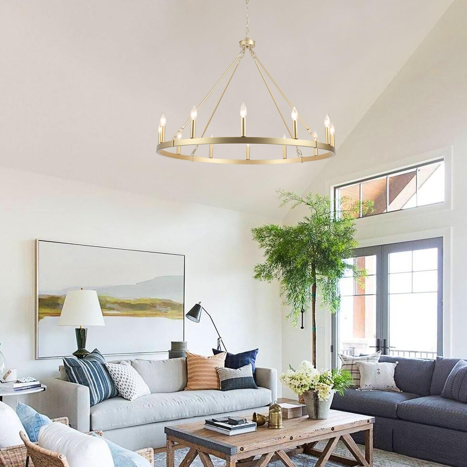 Zjvaive Gold Wagon Wheel Chandelier Diam 38 12 Lights Modern Farmhouse Round Chandeliers For Dining Room Rustic Vintage Pendant