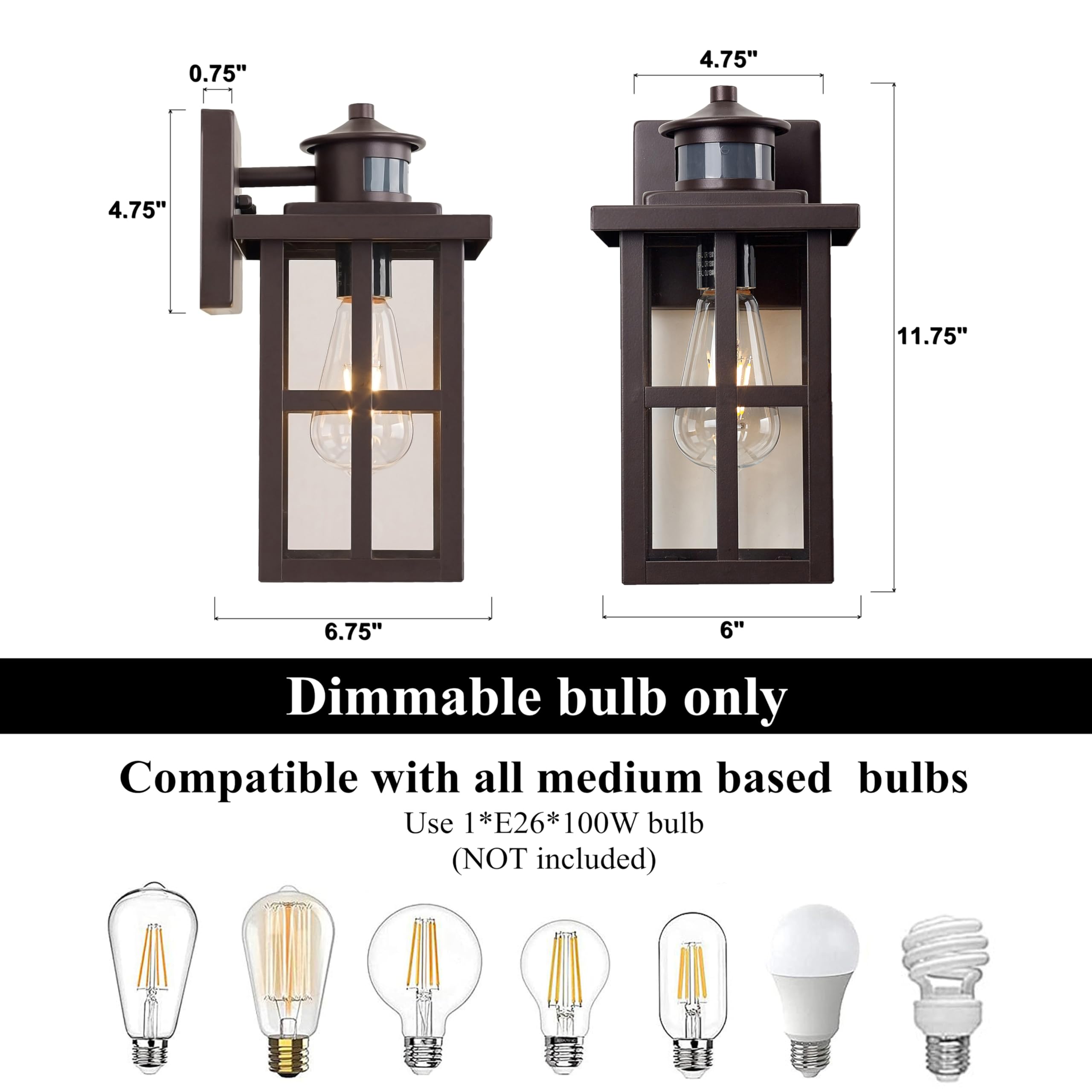 Micsiu Bronze Motion Sensor Exterior Light Fixture, 11.75 Inch Dusk To Dawn Outdoor Wall Sconce, Clear Glass Outdoor Lantern Lig