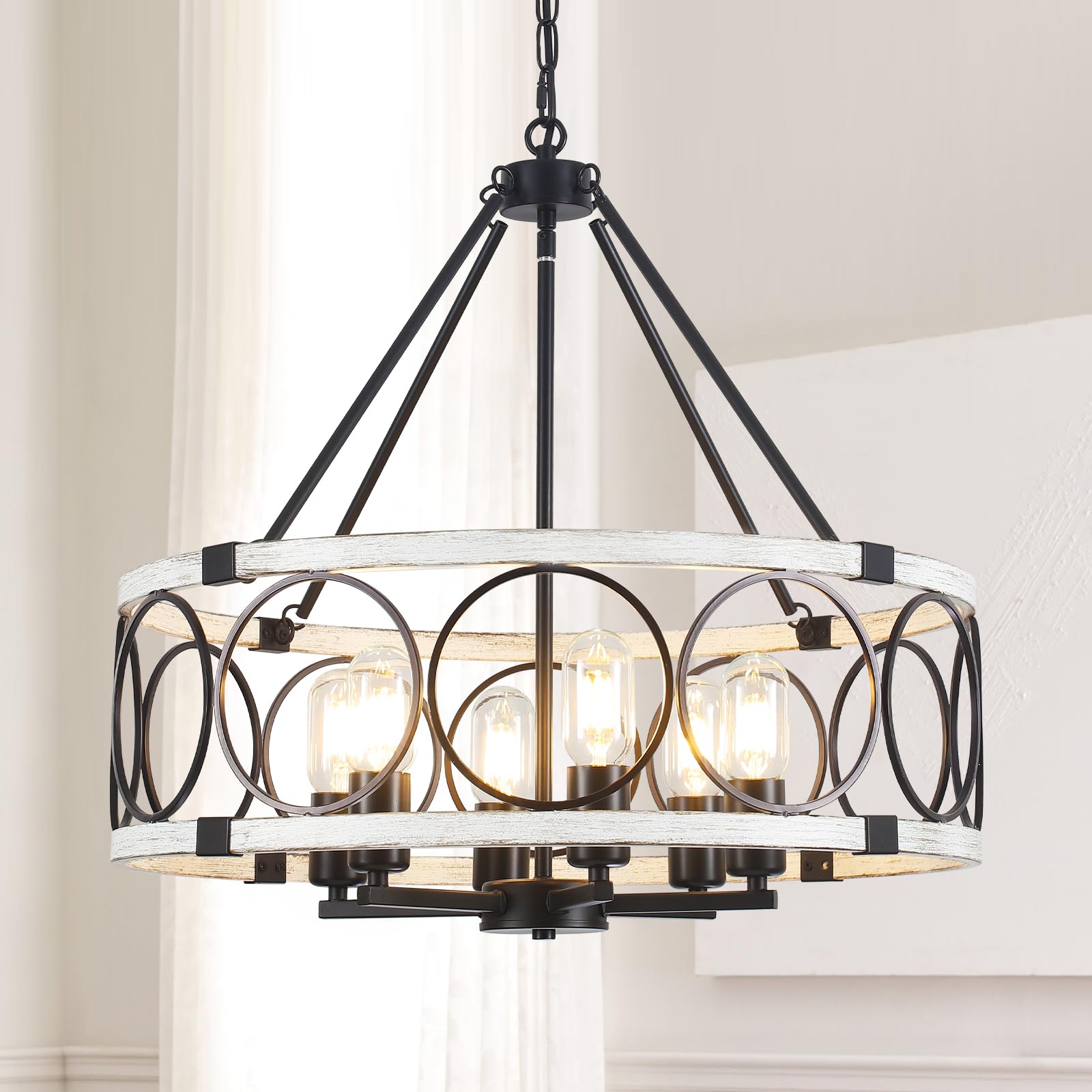 SLBWQ Rustic Farmhouse Chandelier 6 Light, Dining Room Light Fixtures Over Table, Hanging Farmhouse Light Fixture Round Chandeli