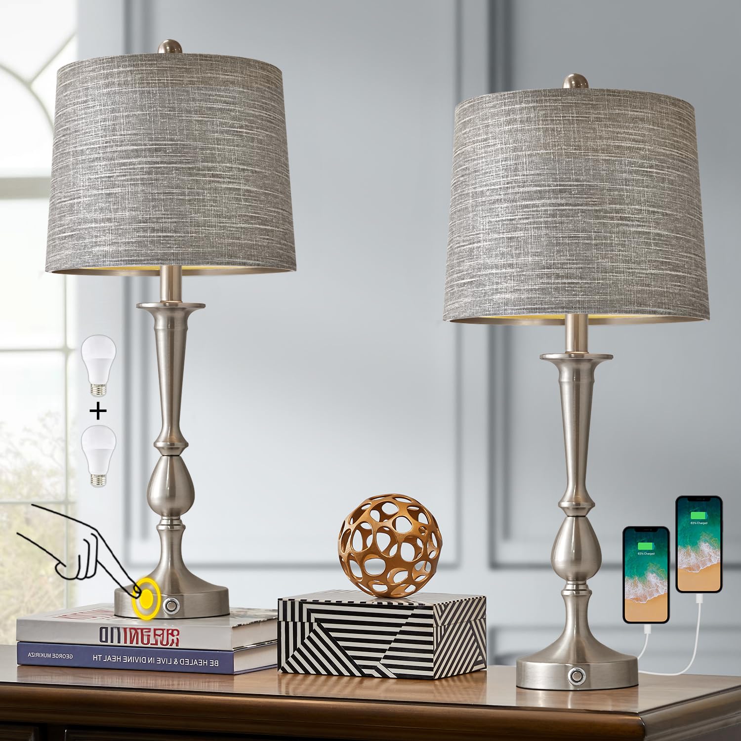 Oneach USB Modern Metal Table Lamps for Living Room Bedroom Set of 2 (Large Size, Brushed Nickel Touch)