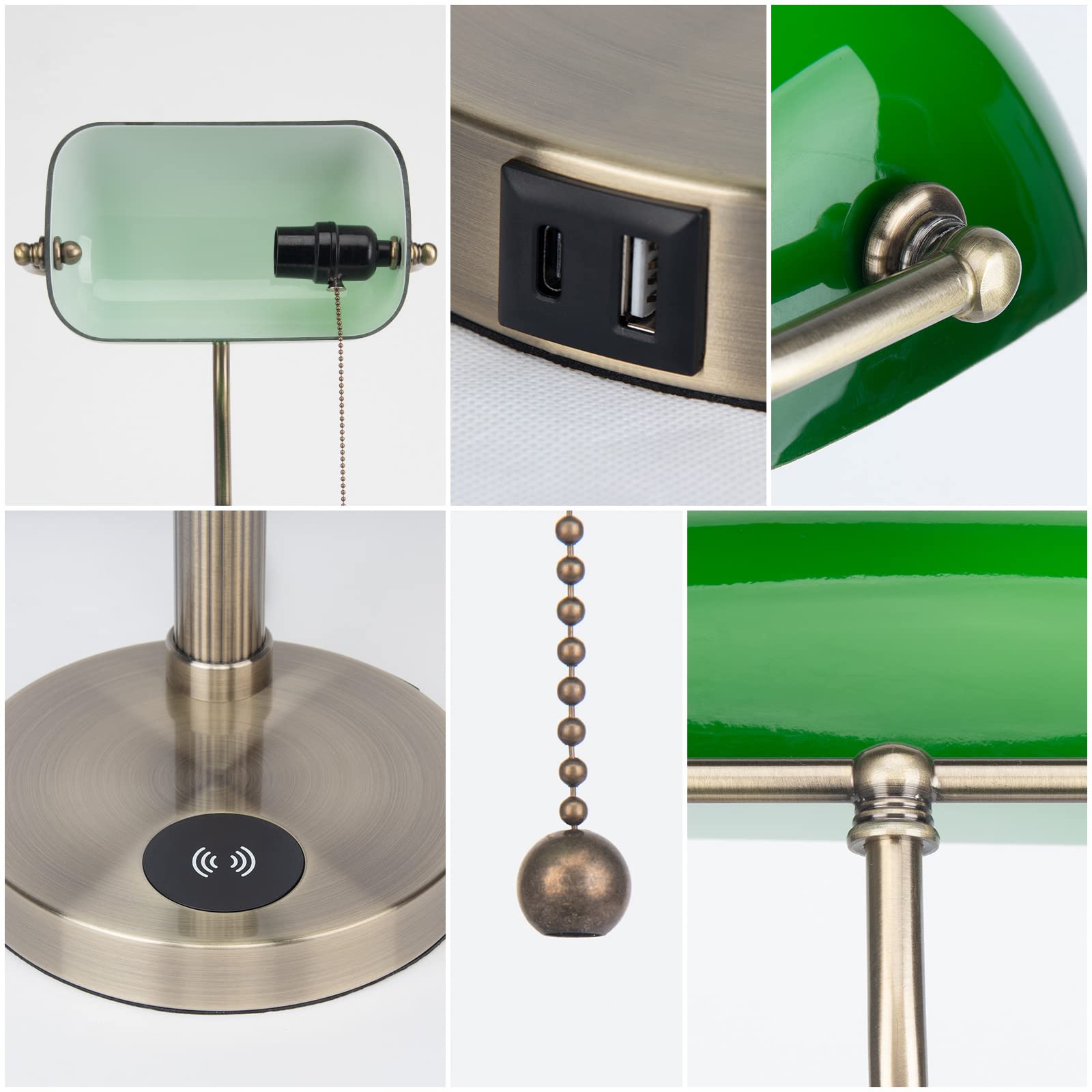 Firvre Green Glass Bankers Lamp With Usb & Wireless Charging, E26 Base, Traditional Design