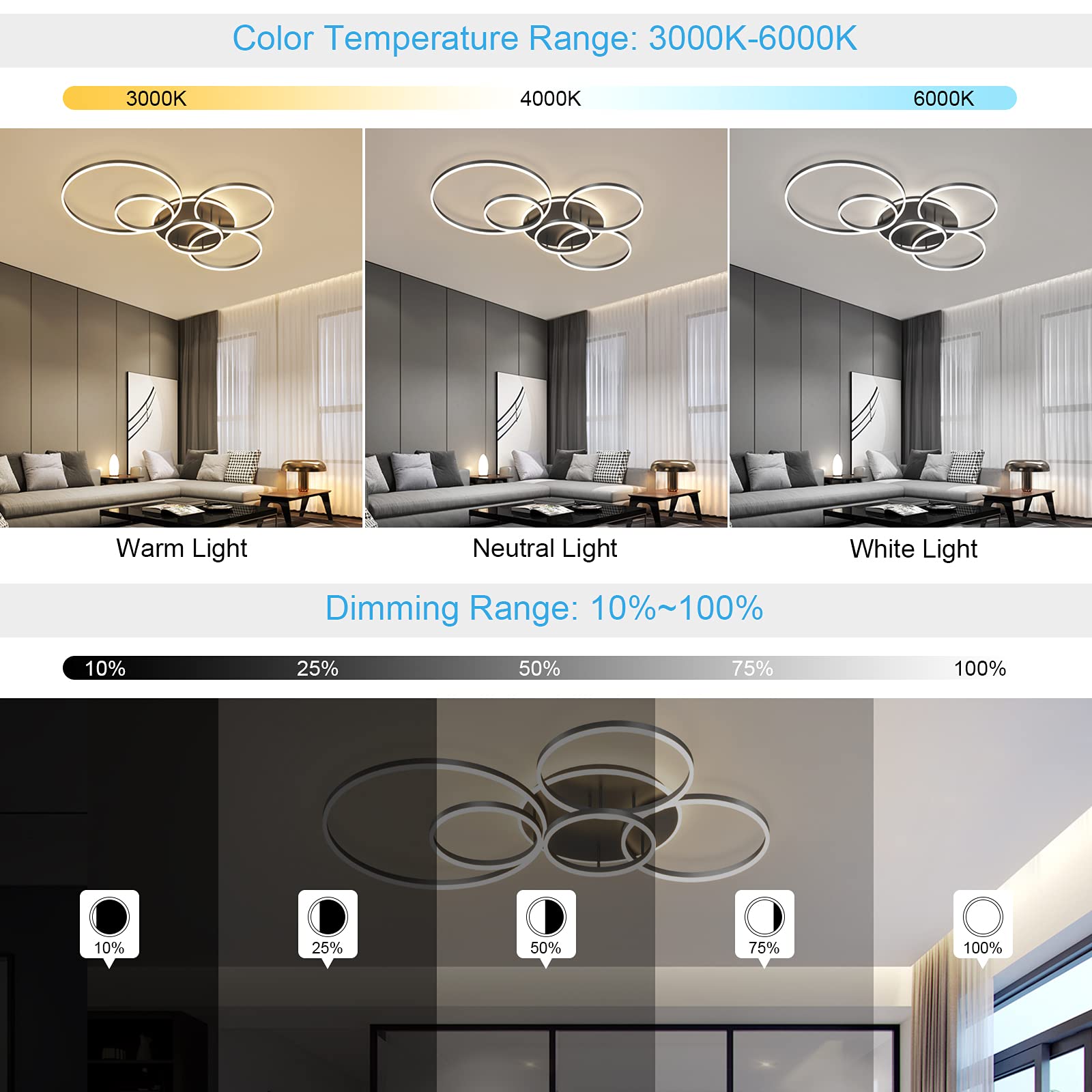 Modern Led Ceiling Light 106W Dimmable Acrylic Ceiling Lamp With Remote Control 6 Rings Circle Living Room Light Fixtures Ceilin