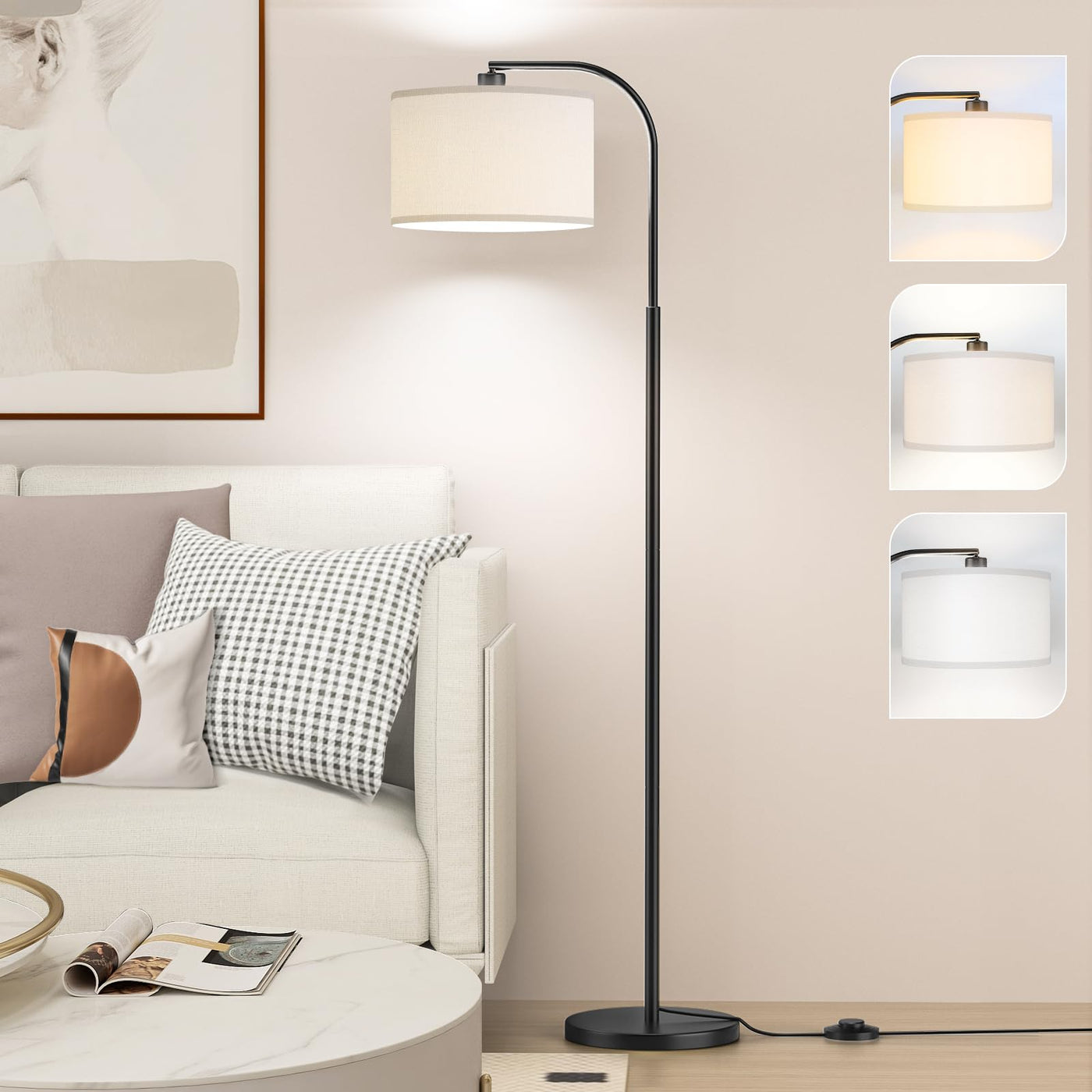 OUTON Arc Floor Lamp With Remote, 67" Retro Dimmable Standing Lamp With 4 Color Temperatures, Metal Tall Lamps For Living Room Bedroom, 9W Bulb Included,Black