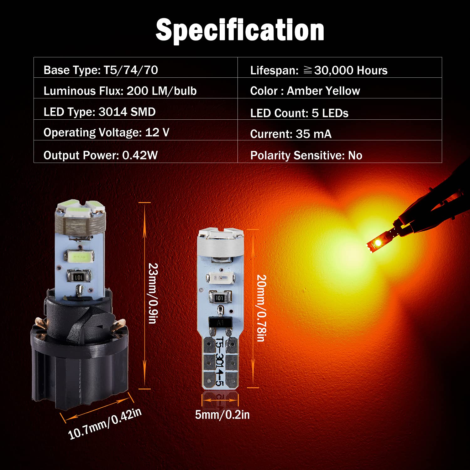 Brishine T5 37 74 2721 Led Bulbs Amber Yellow With Twist Lock Socket, Canbus Error Free Pc74 Pc37 882 Dashboard Instrument Panel