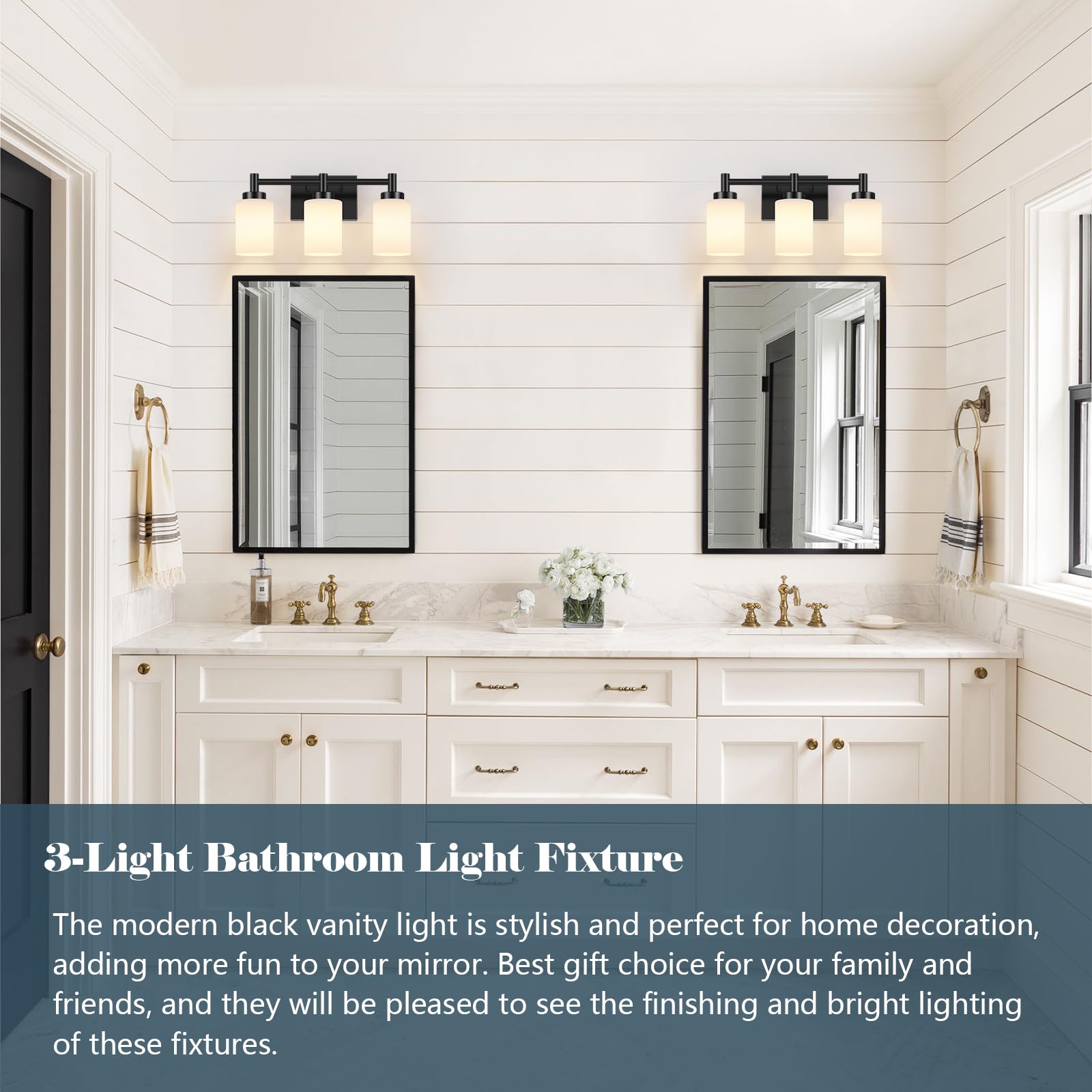 Lomoky 3-Light Vanity Light Fixture, Matte Black, Metal, Modern Design with Milky White Glass Shades