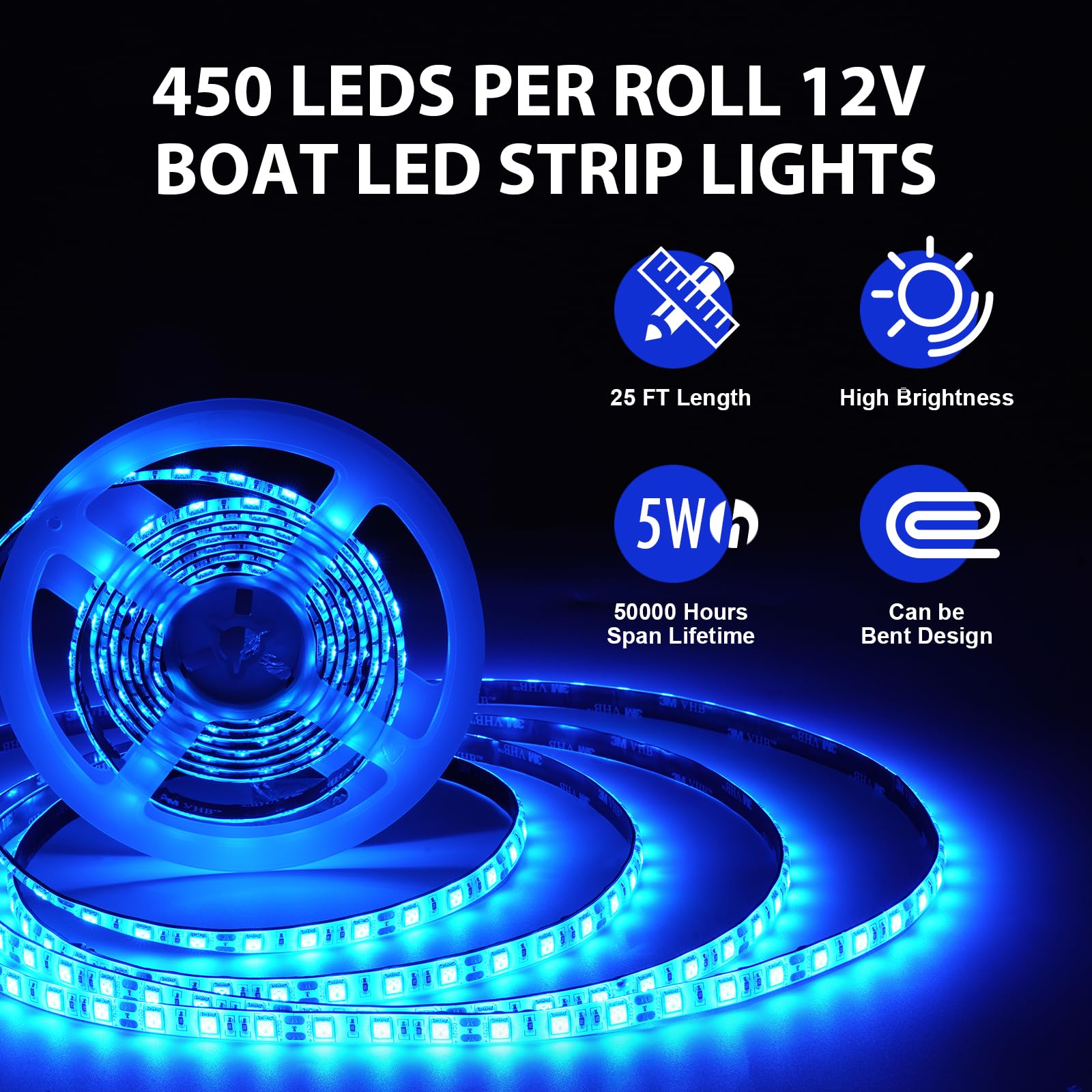 JUIOHAKY Marine LED Strip Lights 12V Waterproof 50ft for Pontoon, Kayak, Jon Boat - Blue