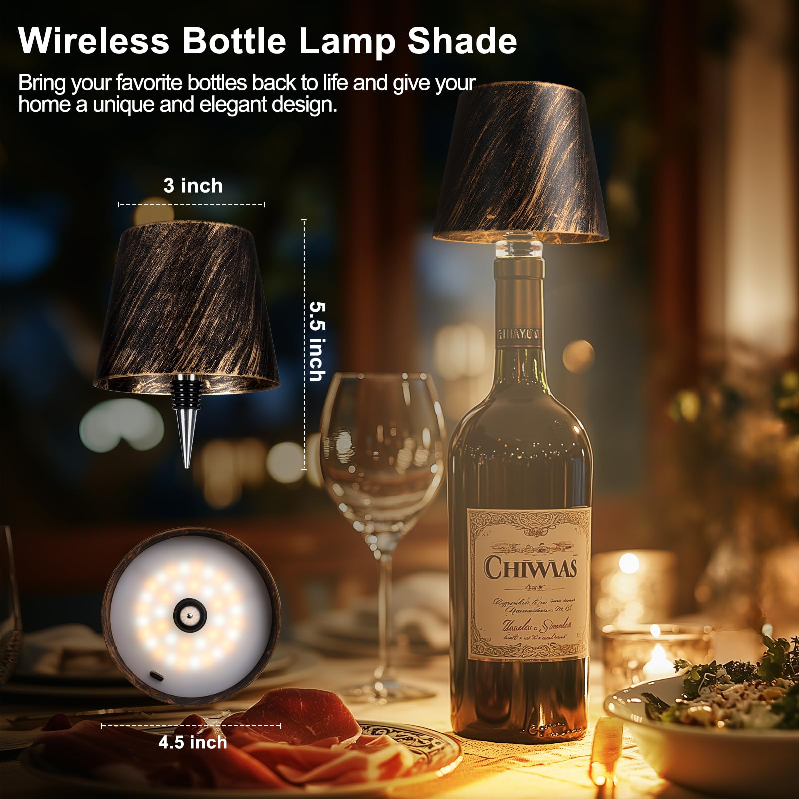 Mebaraul 3600mAh Rechargeable Wine Bottle Lamp, Touch Dimming, Bronze, Model JP001