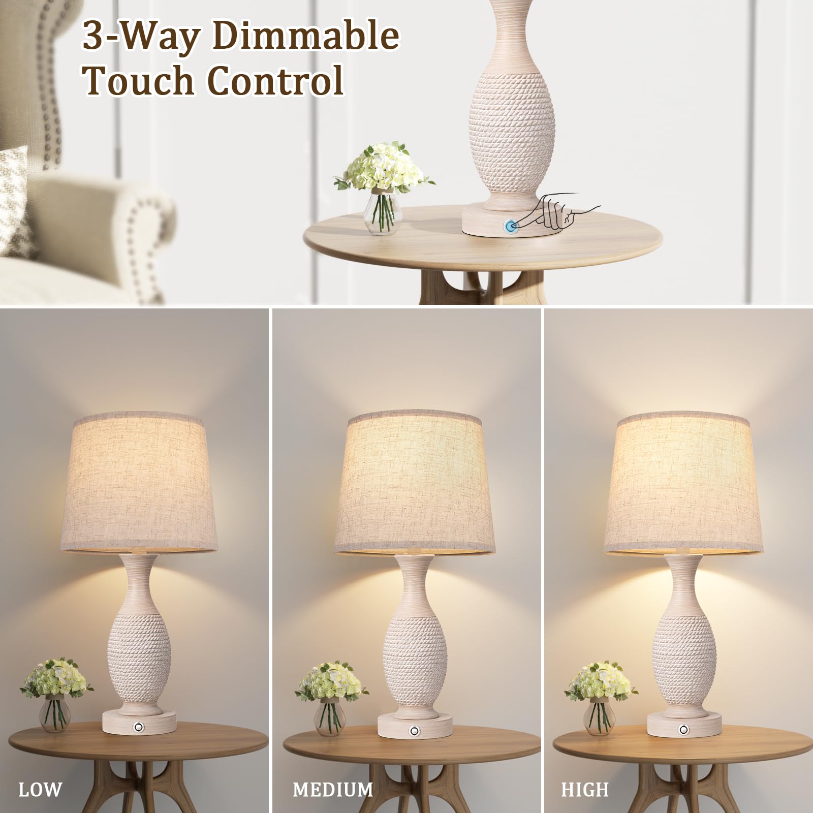 Farmhouse Table Lamps For Bedroom - Bedside Lamps Set Of 2 With Usb C+A, 3-Way Dimmable Touch Lamps For Night Stands Living Room