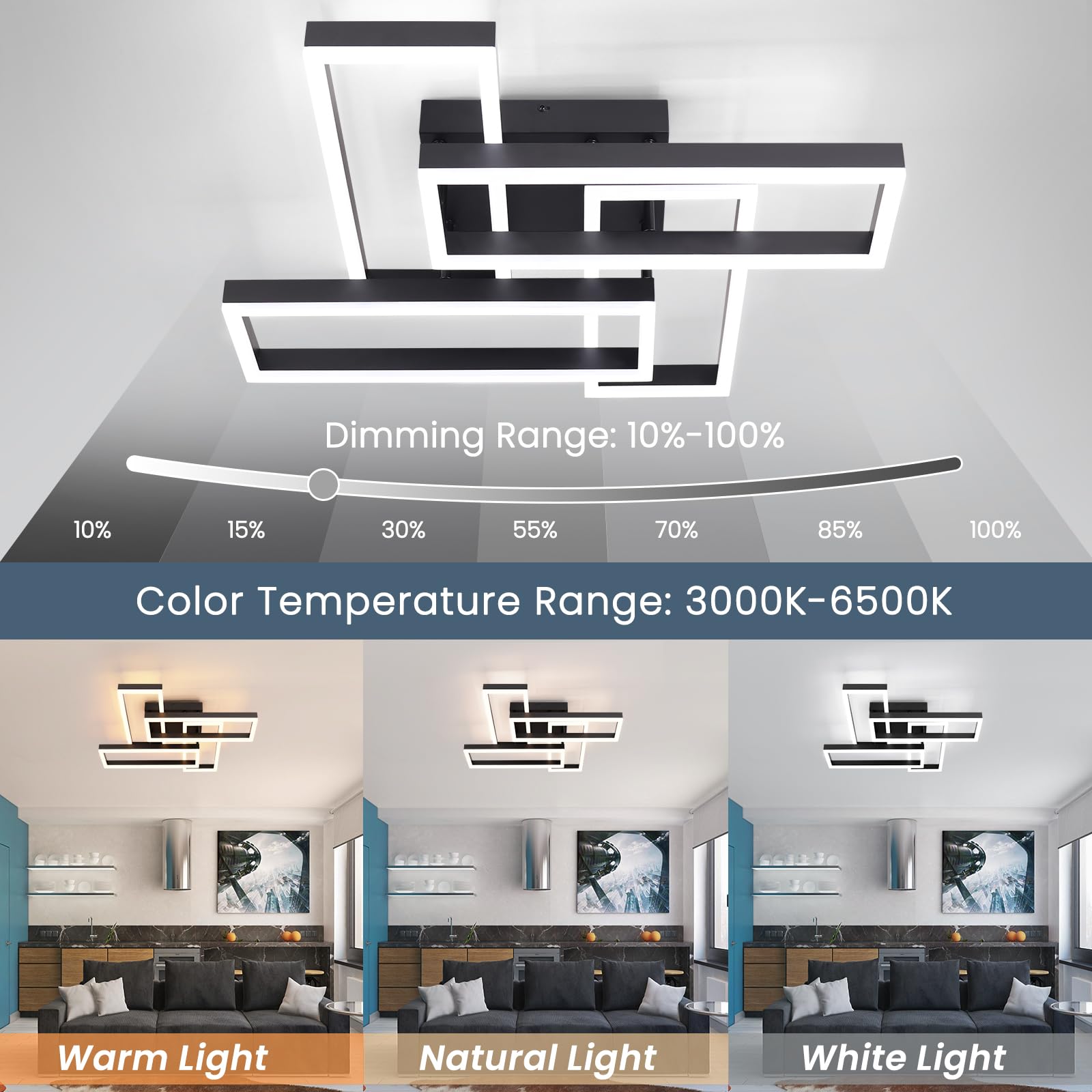 EIDISUNY Modern LED Ceiling Light, Dimmable 3000-6500K, 54W, Black Flush Mount, Model CL-4CFBKYX-D-110V