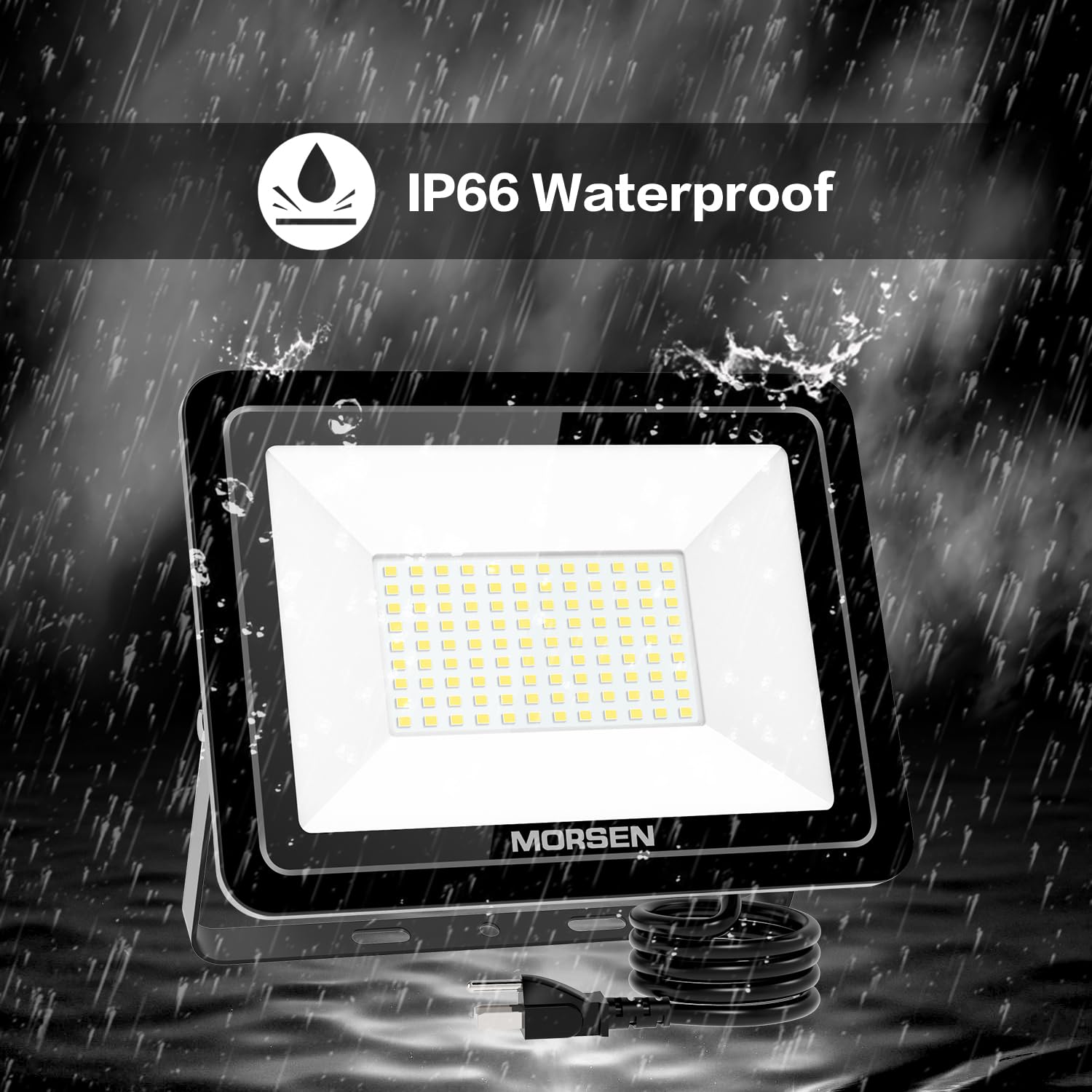 MORSEN 100W LED Flood Light - 15000LM, 5000K, IP66 Waterproof, Black, 2 Pack