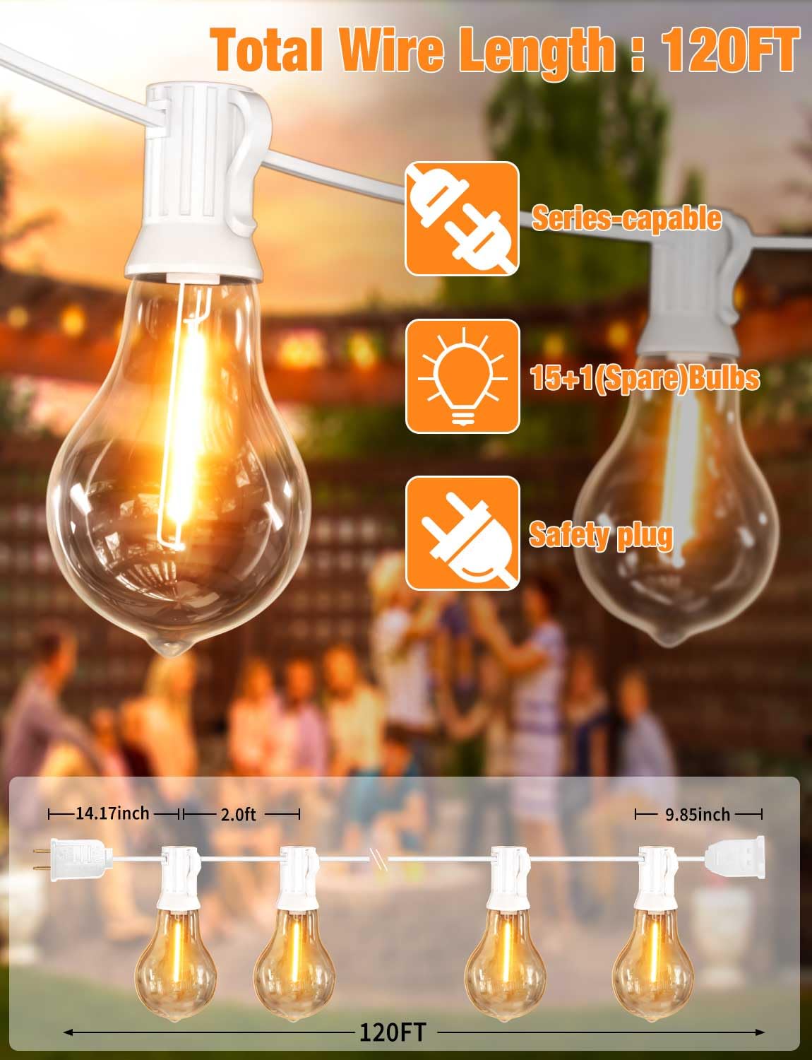 Pogestrand White Outdoor Sting Lights For Outside 120Ft Patio Lights With 60+3 Waterproof Edison Bulbs For Yard, Party, Balcony,