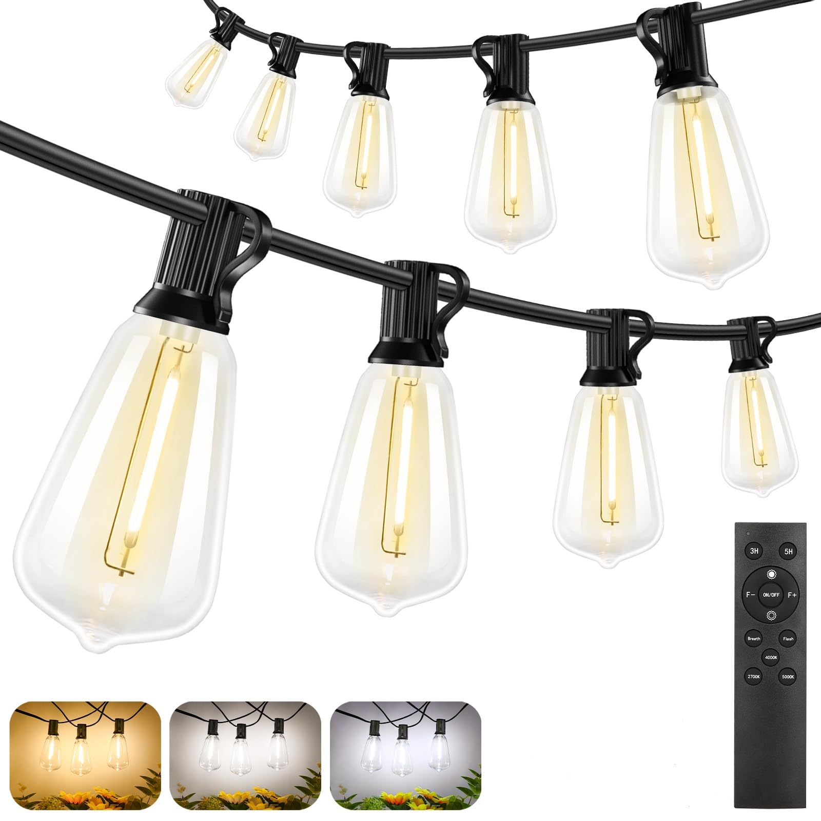 Brightever Outdoor String Lights, 200FT, 2700K/4000K/5000K, Dimmable, 60+2 Vintage Edison Bulbs, Black, Model