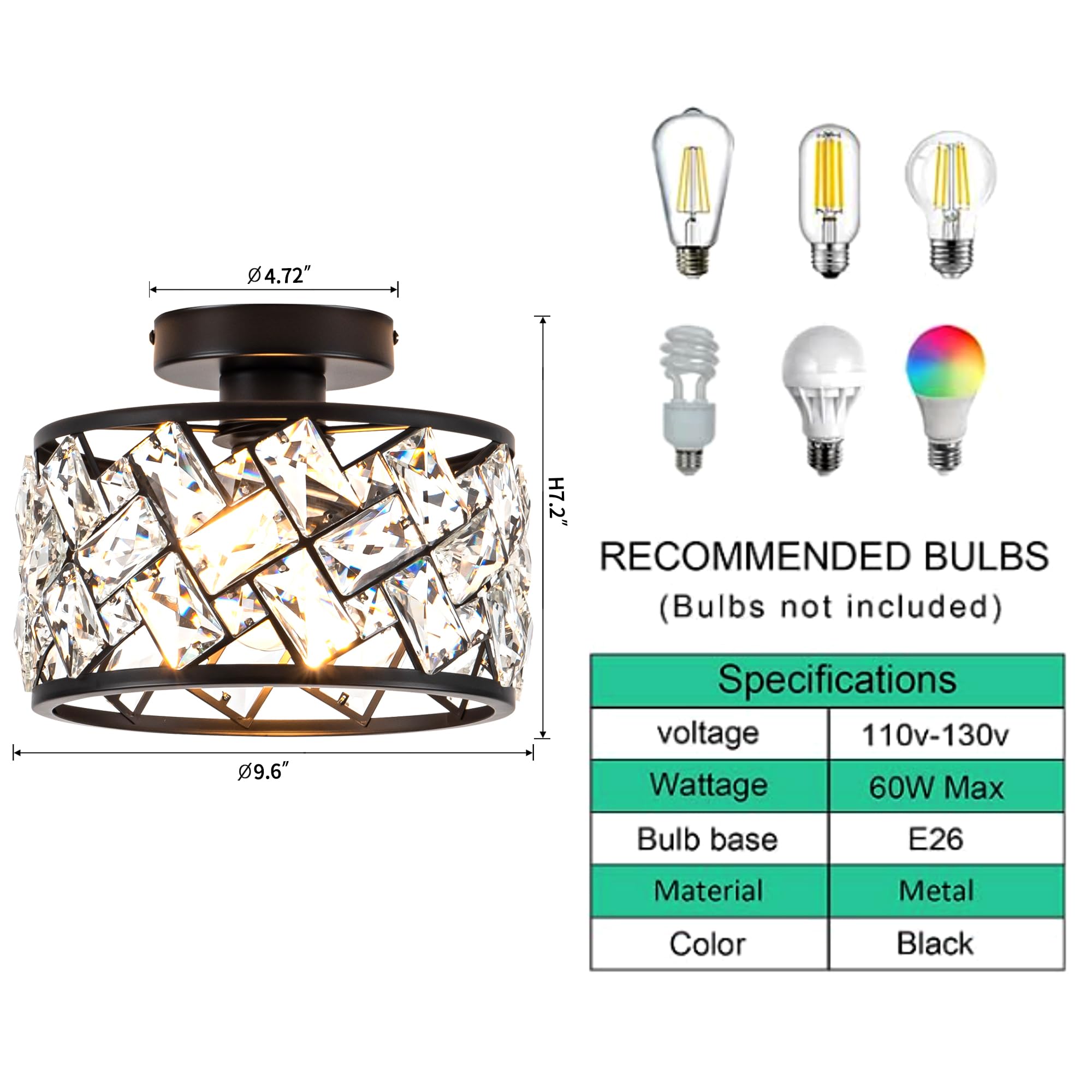 Rpzloila Crystal Ceiling Light Fixture, Modern Semi Flush Mount, Metal, Black Finish, Model 8101-1X-BK