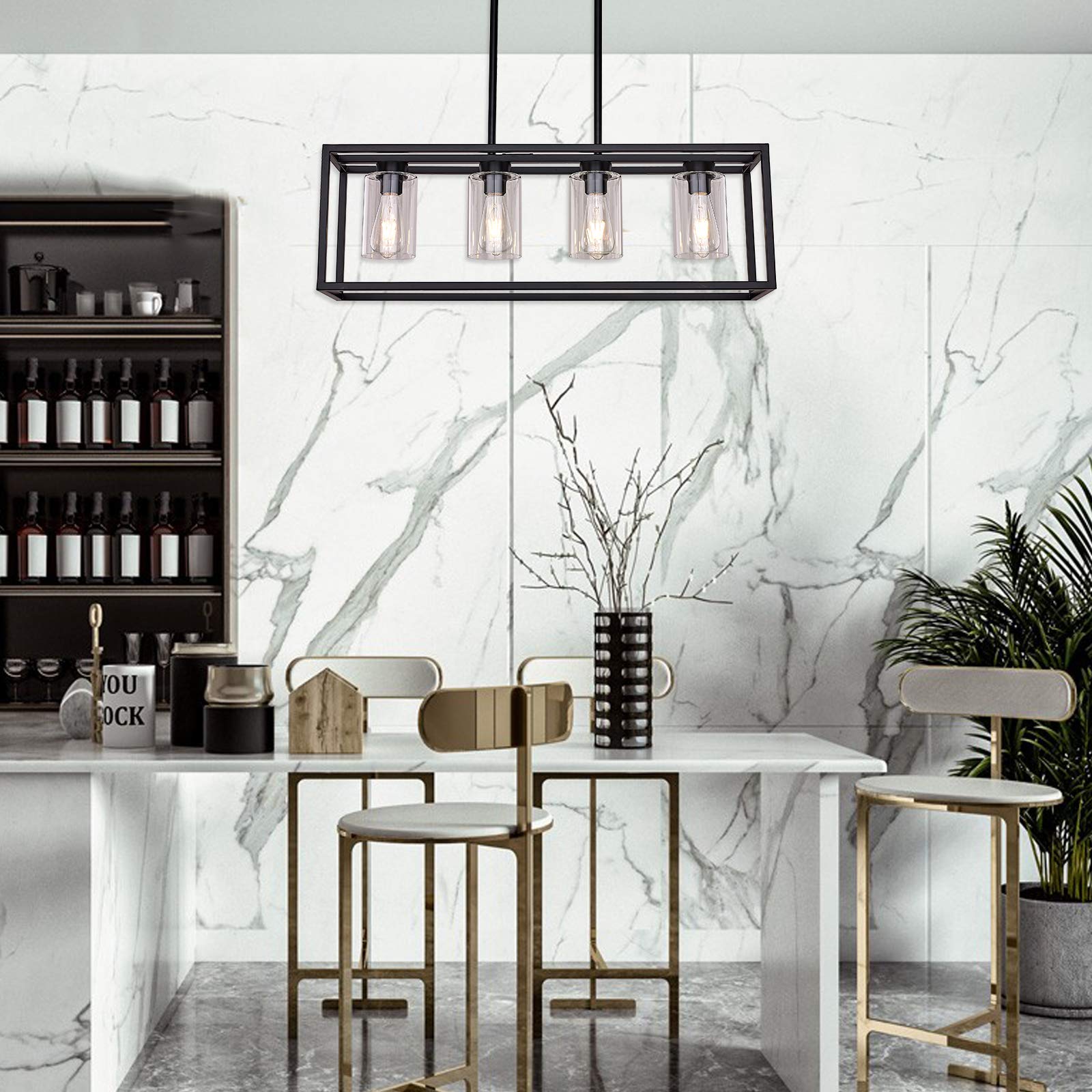 Xilicon 4-Light Black Linear Pendant Chandelier With Glass Shades For Kitchen Island & Cafe