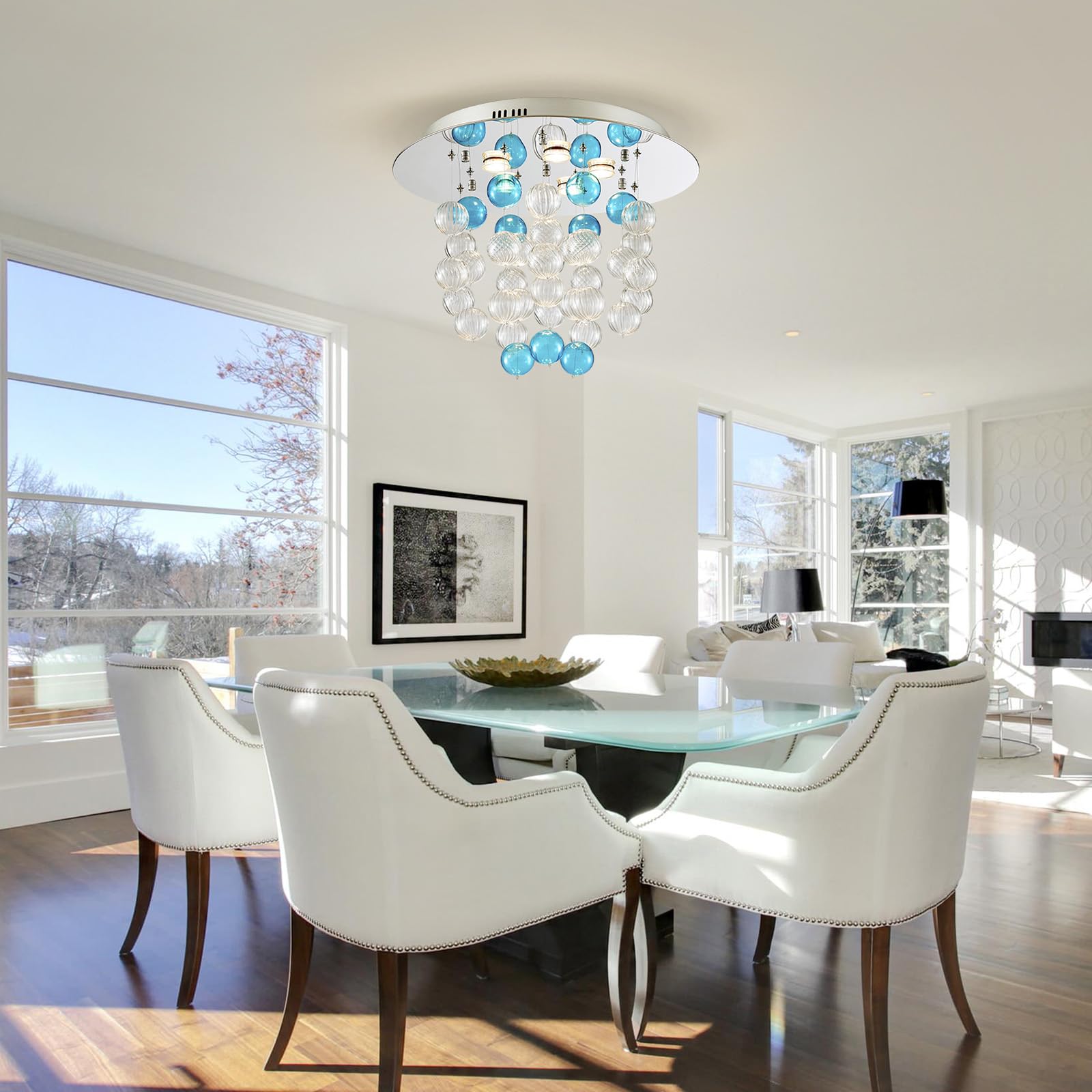 SM Saint Mossi Bubble Chandelier - Modern Blue Ceiling Light, D19 x H17, Glass & Chrome, 5 GU10 Sockets, Clear & Blue Lampshade